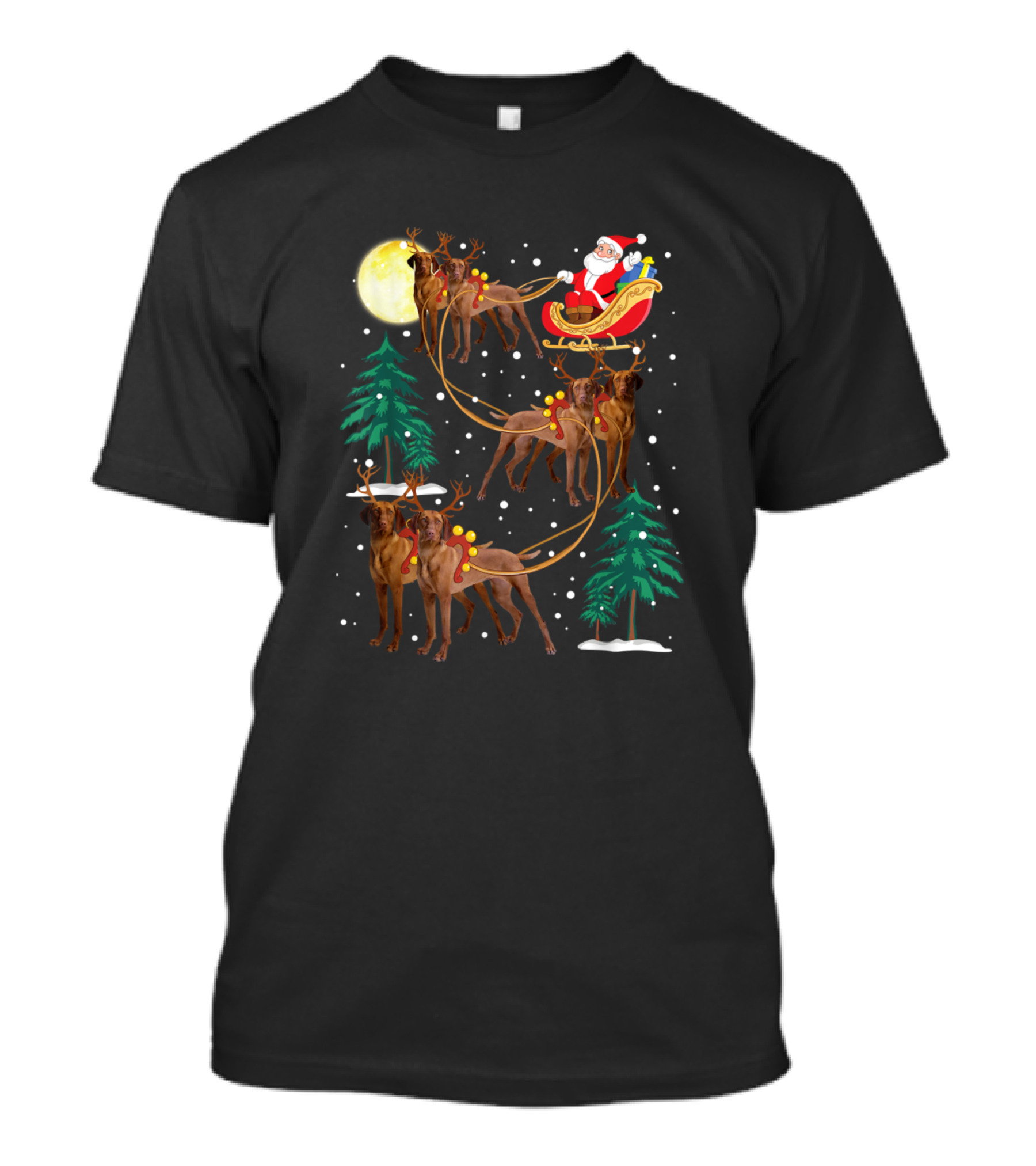 Santa Claus Riding Sleigh Pulled By Vizsla Under Moonlit Sky T-Shirt
