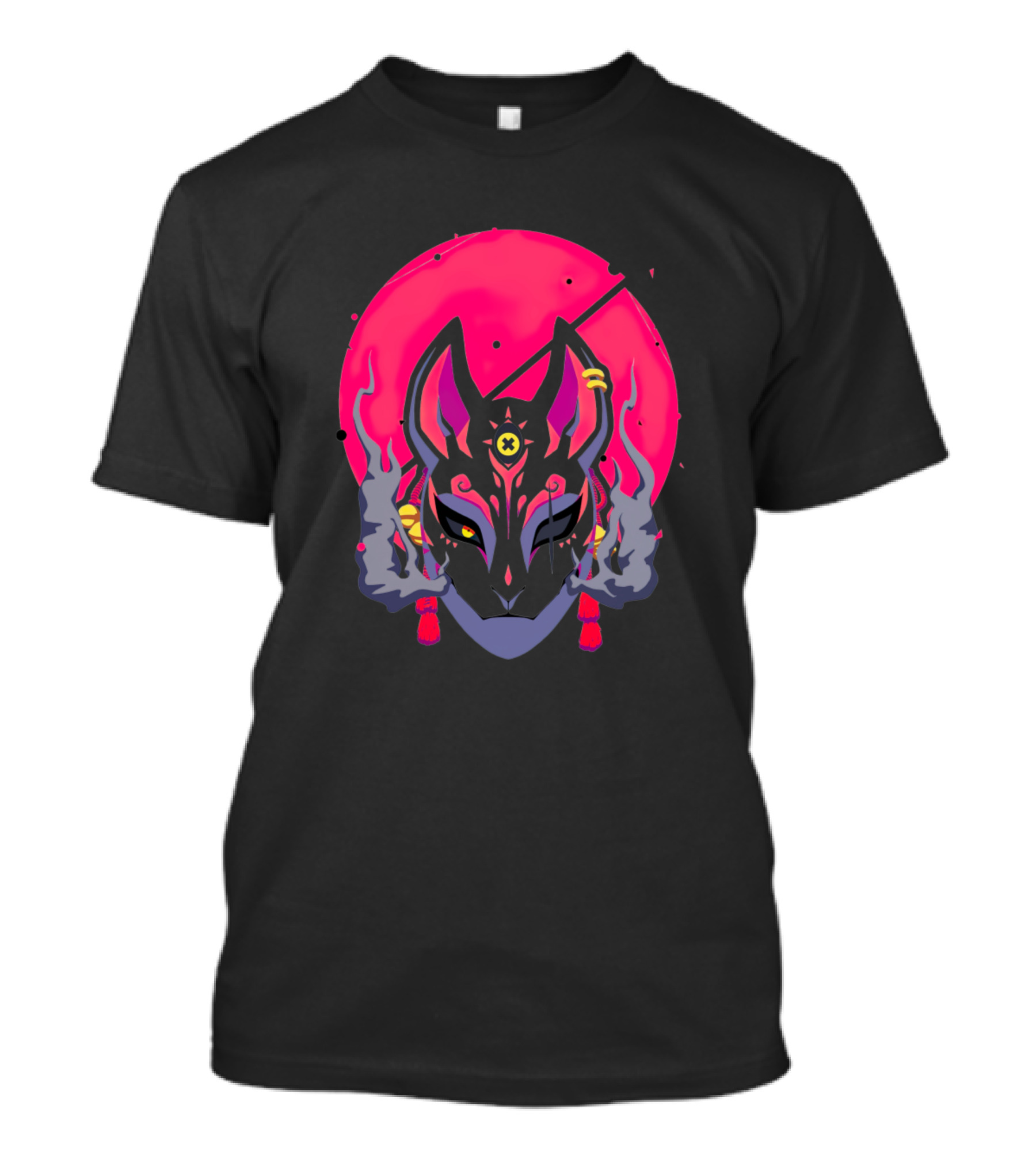 Kitsune Mask With Red Moon And Smoke Elements T-Shirt