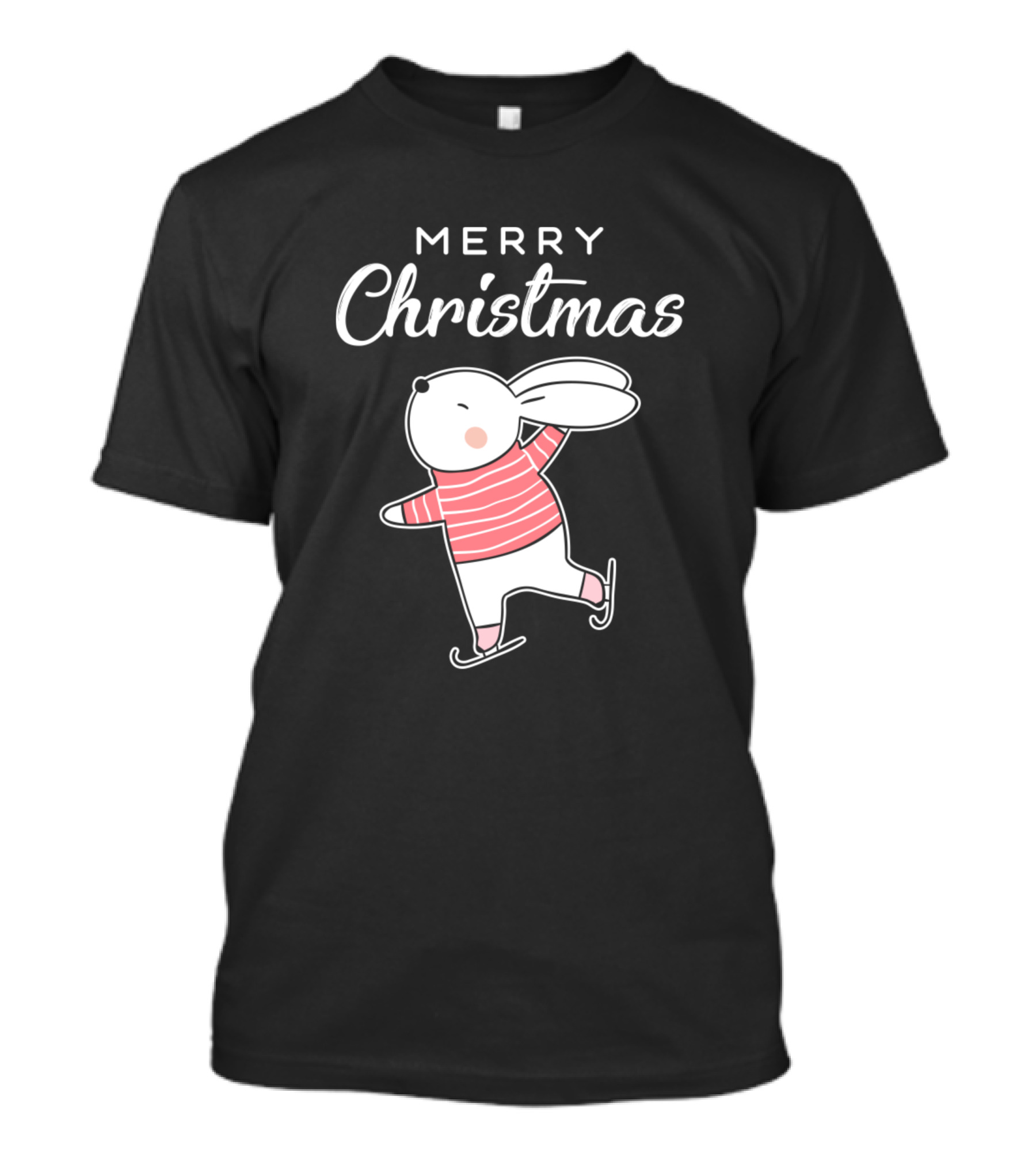 Merry Christmas Skating Bunny In Red Striped T-Shirt