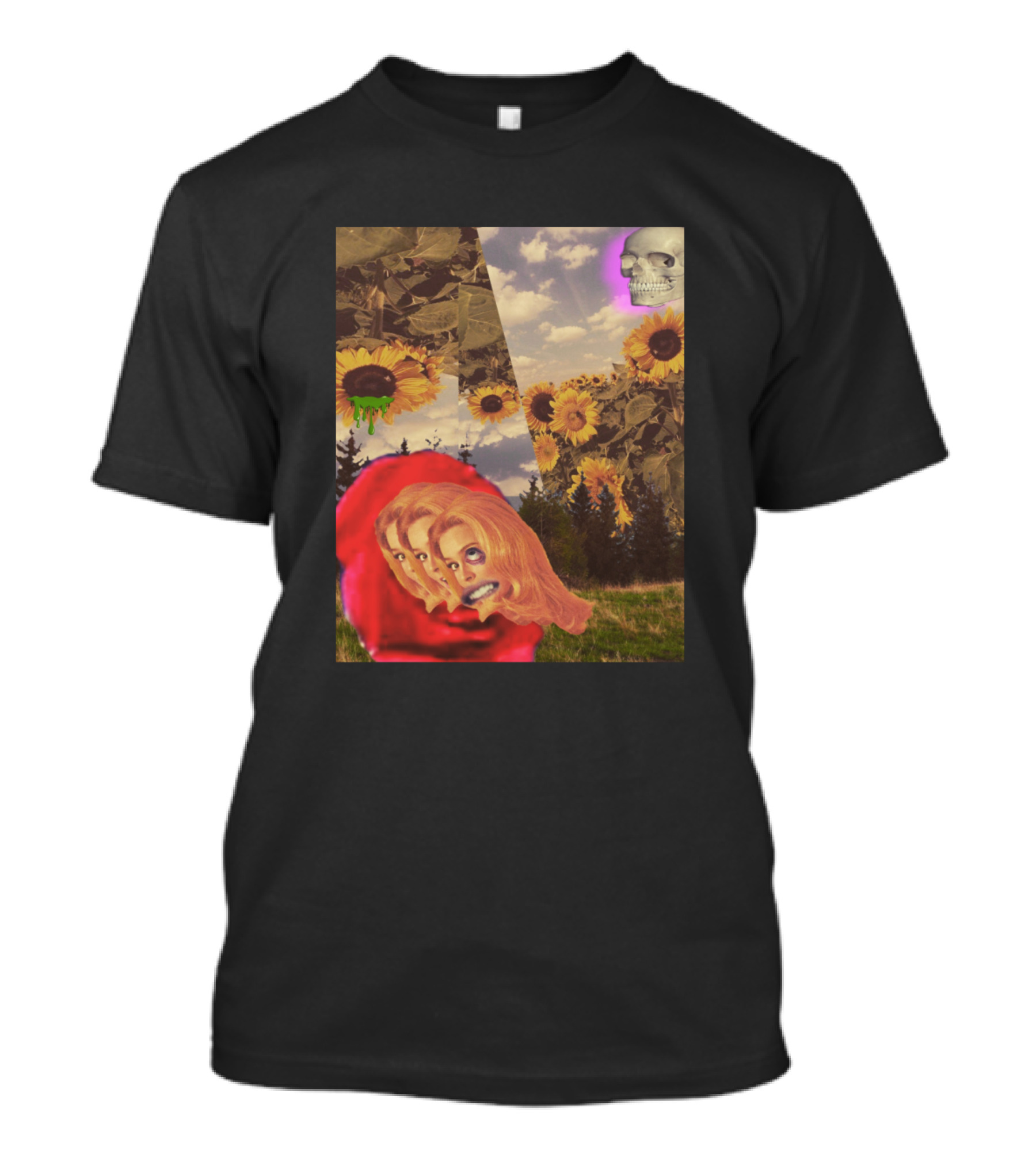 Bursts And Bloom Sunflowers Dripping Skull Red Faces Forest T-Shirt