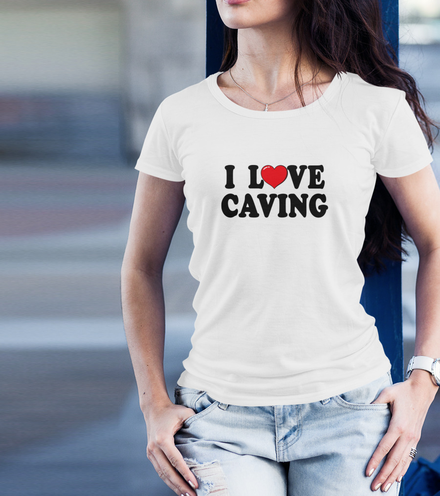 I Love Caving Heart Graphic Typography T-Shirt