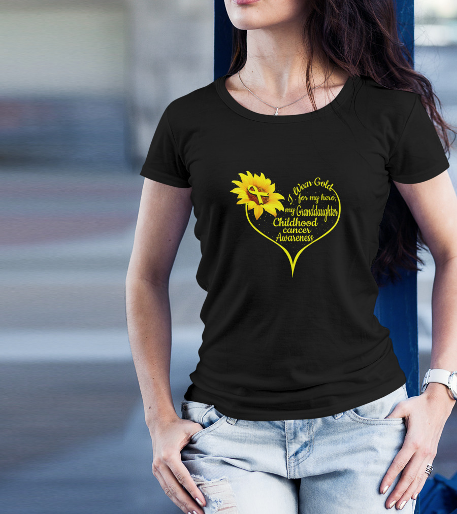 I Wear Gold For My Hero Granddaughter Childhood Cancer Awareness Sunflower Heart T-Shirt