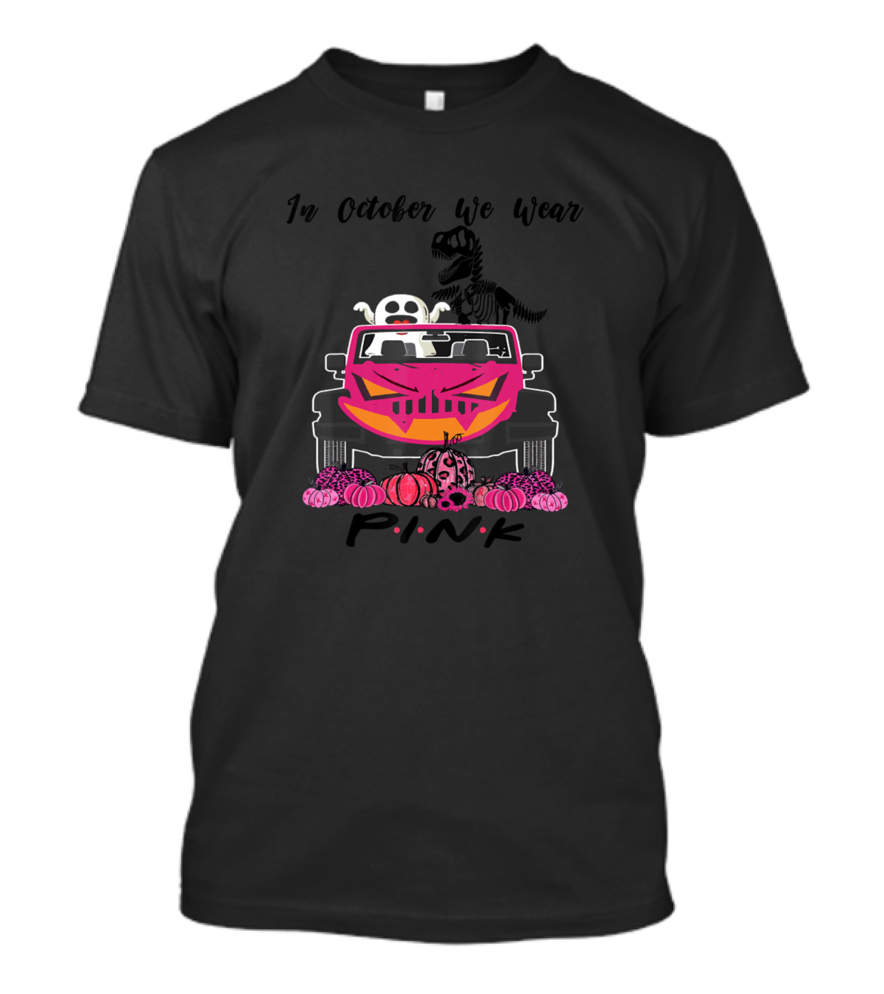 In October We Wear Pink Jeep Pumpkin Boo Rex Cancer T-Shirt