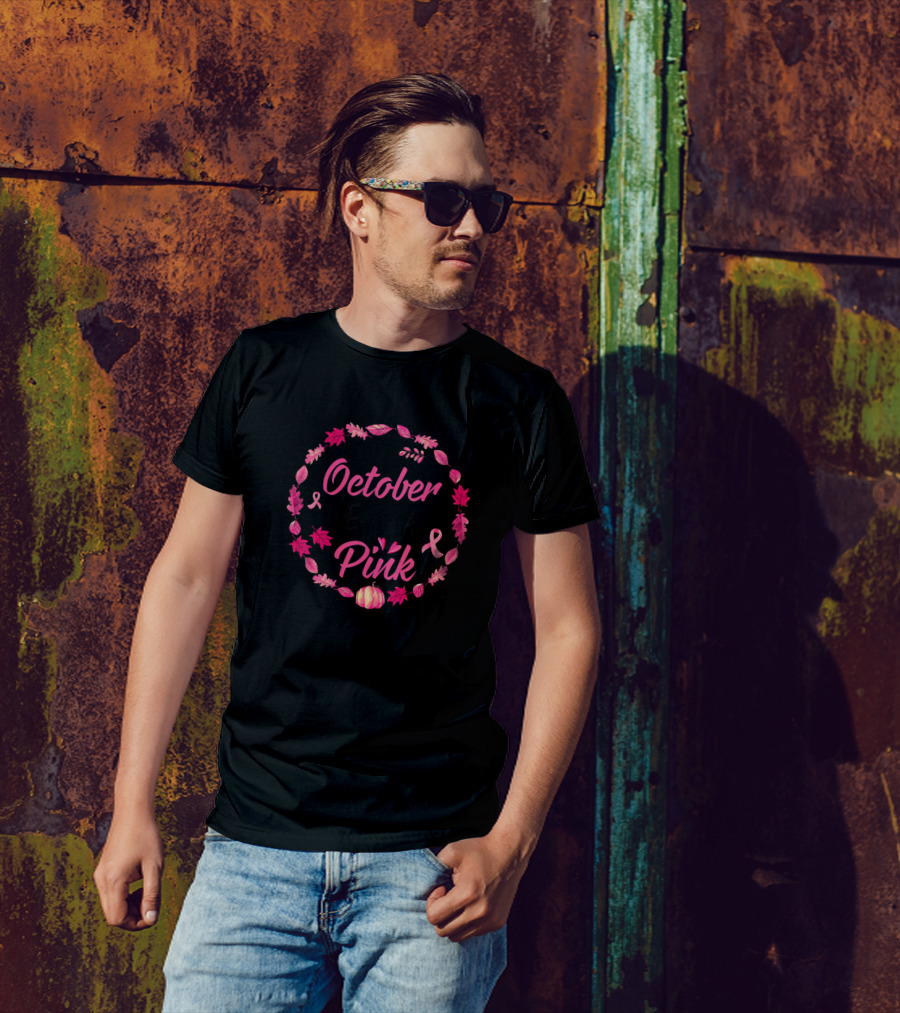 In October We Wear Pink Pumpkin Breast Cancer Awareness Floral T-Shirt