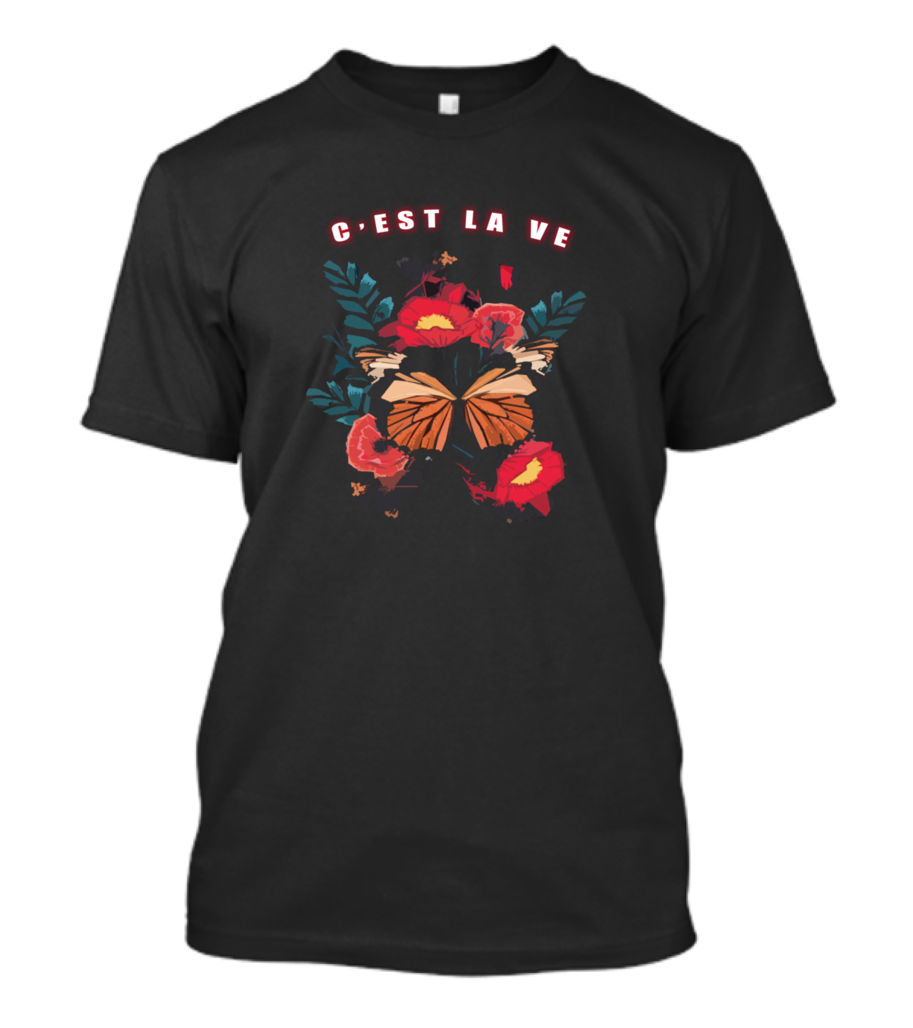 C'est La Vie Butterfly And Roses Motif T-Shirt