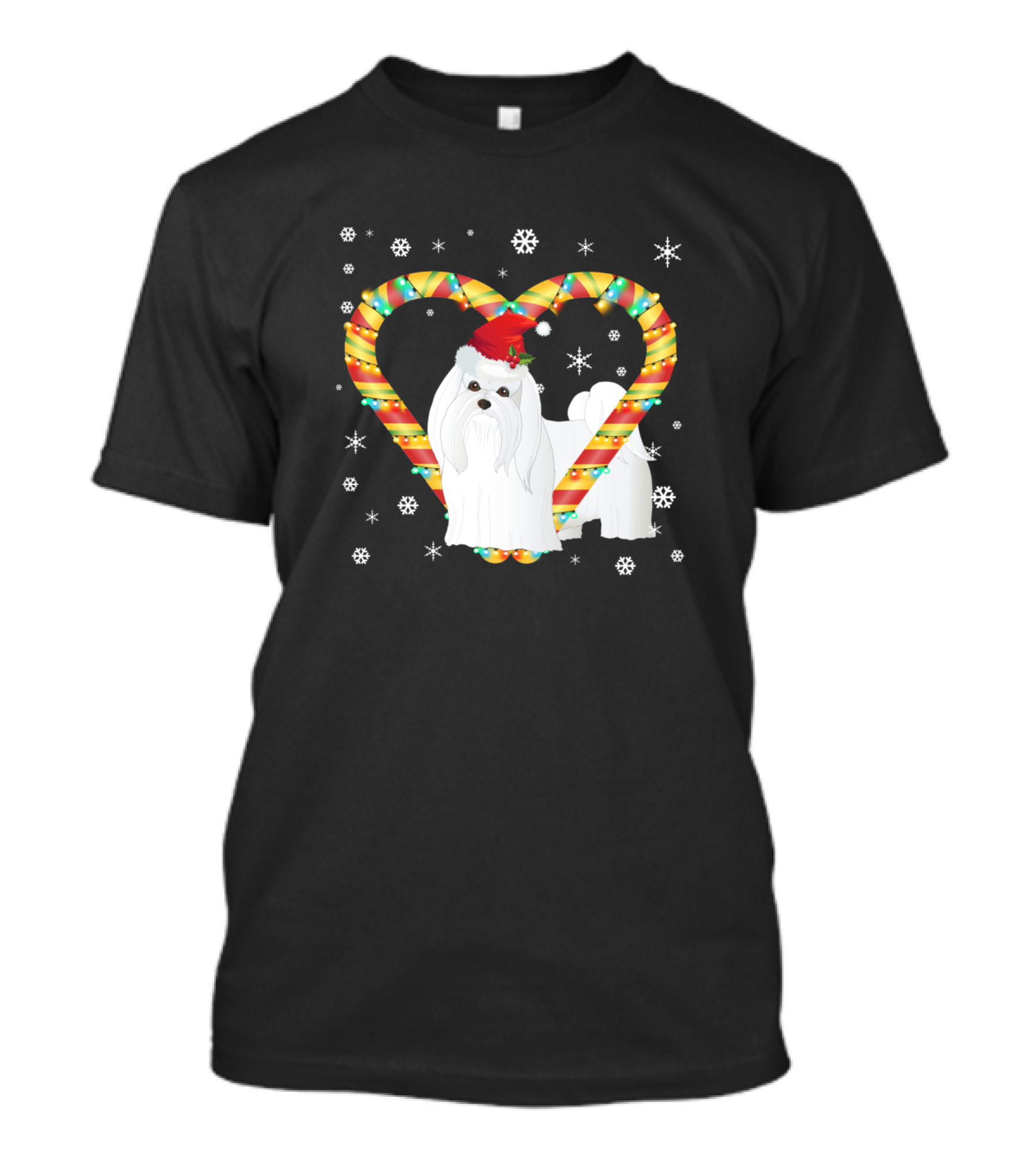 Maltese Dog Santa Hat Candy Cane Heart Christmas Snowflakes T-Shirt