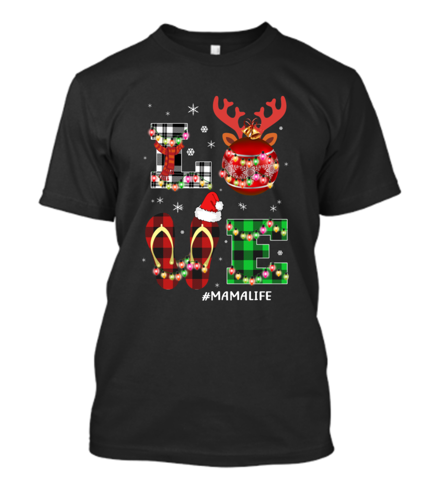 LOVE Christmas Mamalife With Reindeer Ornament And Plaid Flip Flops T-Shirt