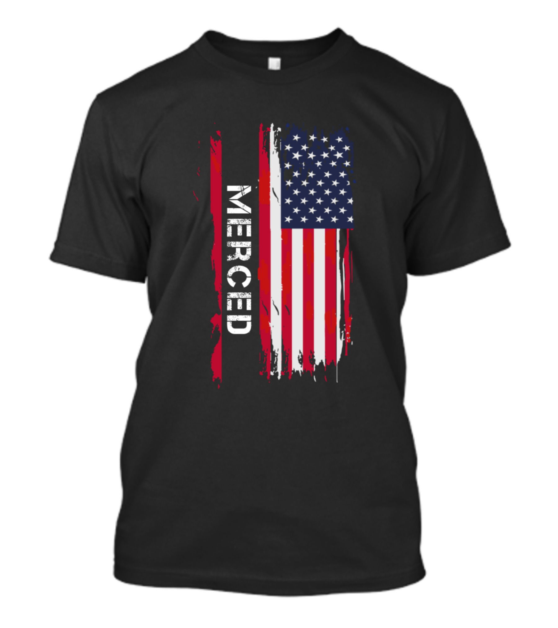 Merced Distressed USA American Flag Vintage Font T-Shirt