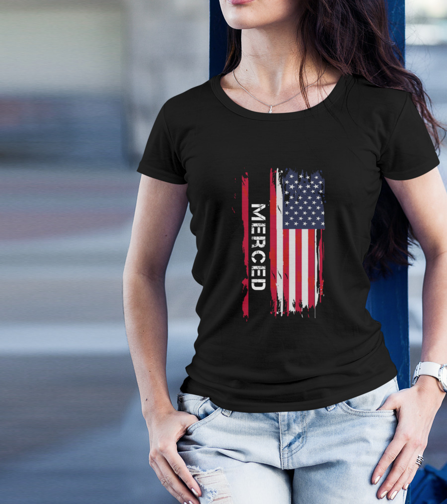 Merced Distressed USA American Flag Vintage Font T-Shirt