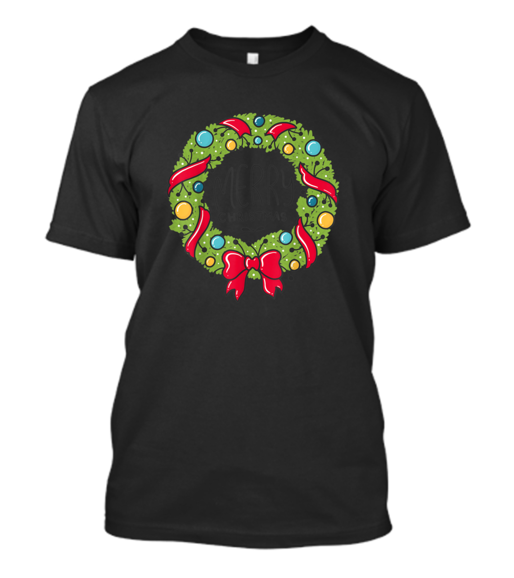 Merry Christmas Wreath With Red Ribbons And Baubles T-Shirt