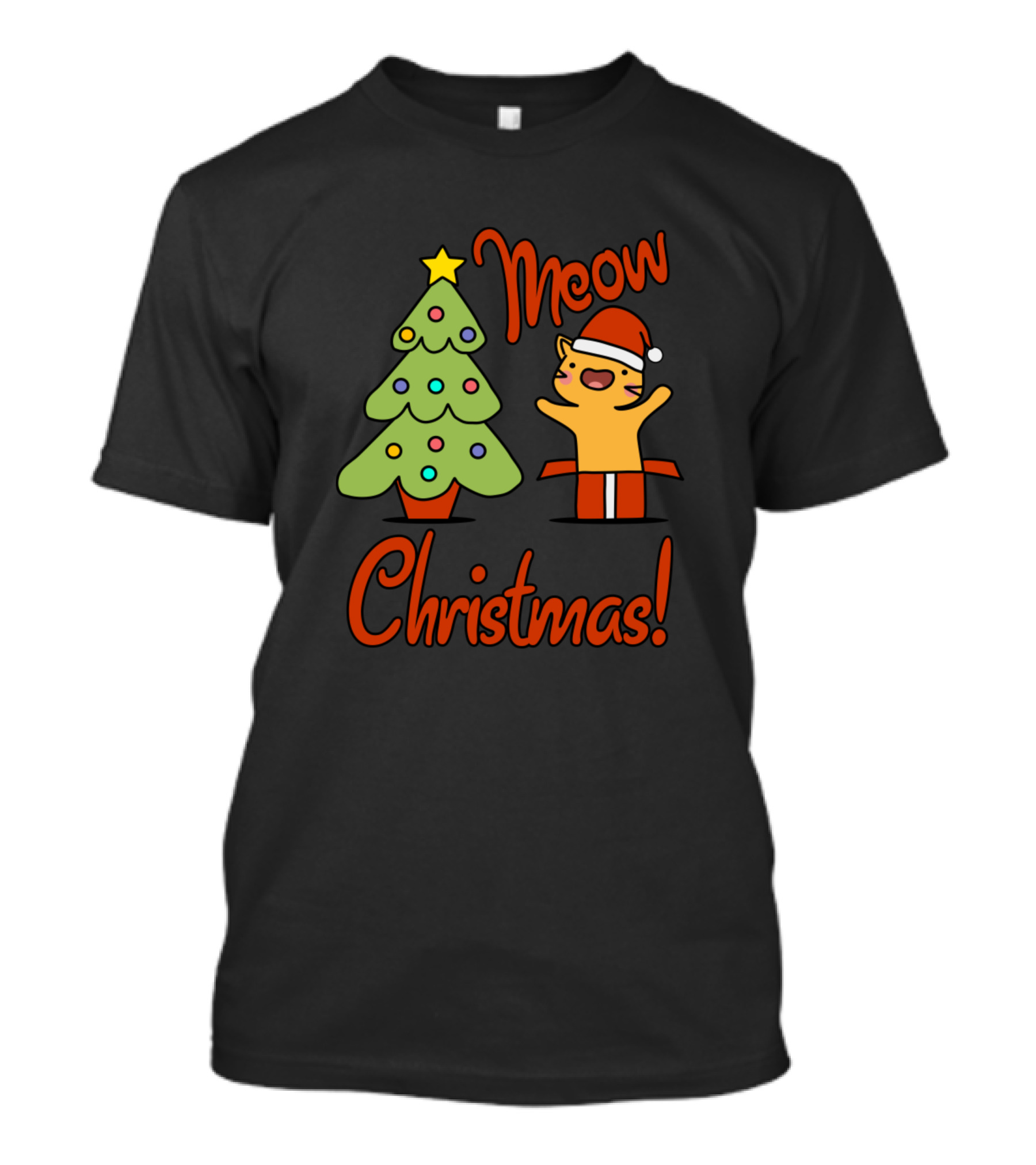 Meow Christmas Cat In Santa Hat With Christmas Tree T-Shirt