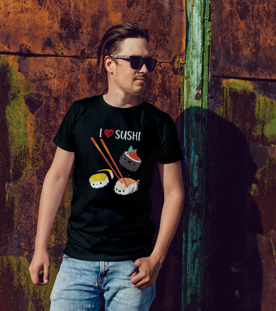I Love Sushi Modern Unique Japanese Sashimi Soya Sashimi With Heart And Cute Characters T-Shirt