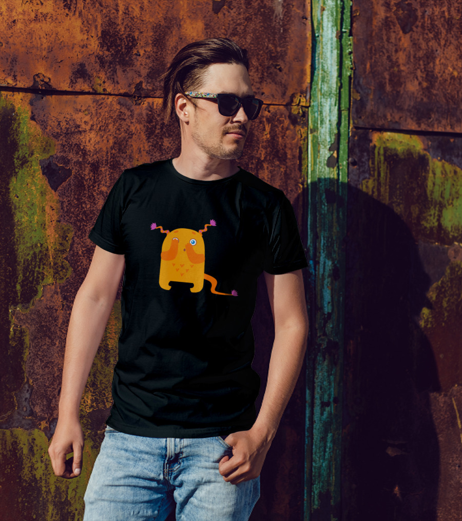 Monster Orange Cute Whimsical Creature With Wiggly Antennae And Heart Patches T-Shirt