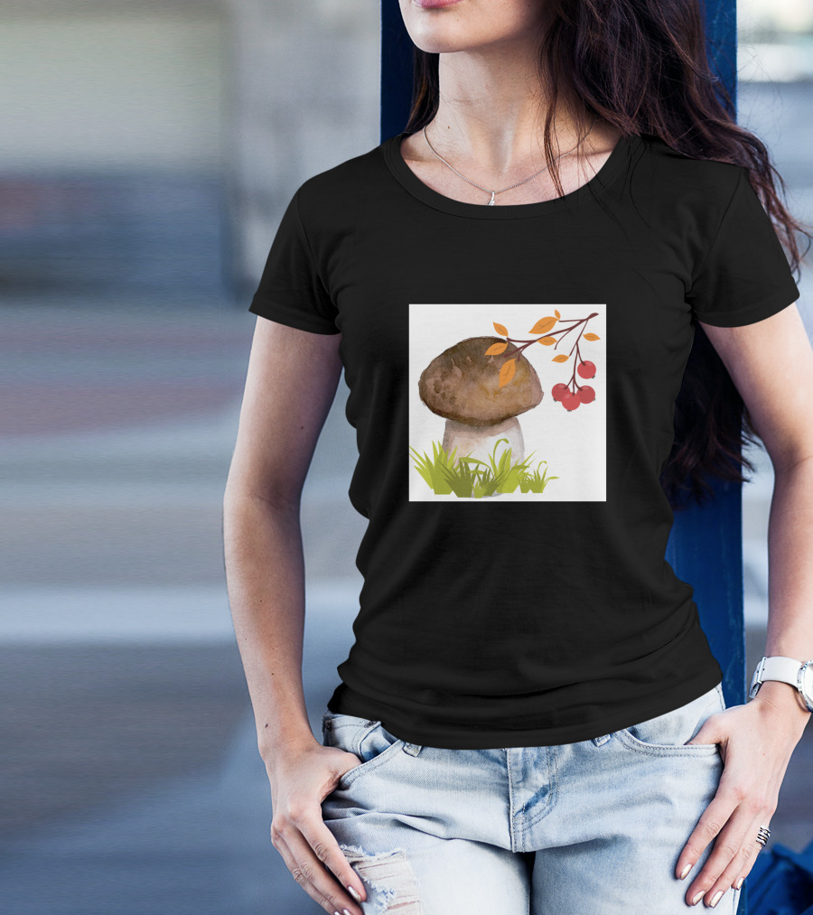 Mushroom And Red Berries With Leaves And Grass T-Shirt