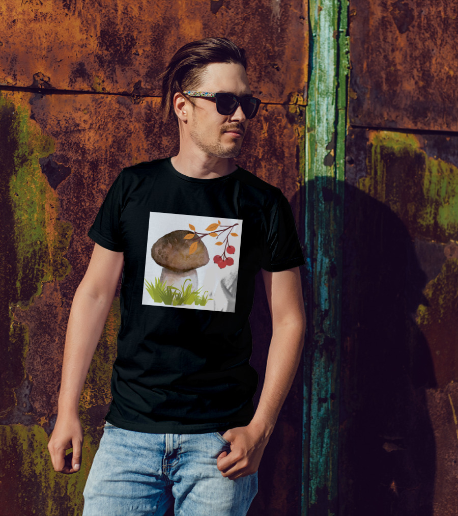 Mushroom And Red Berries With Leaves And Grass T-Shirt