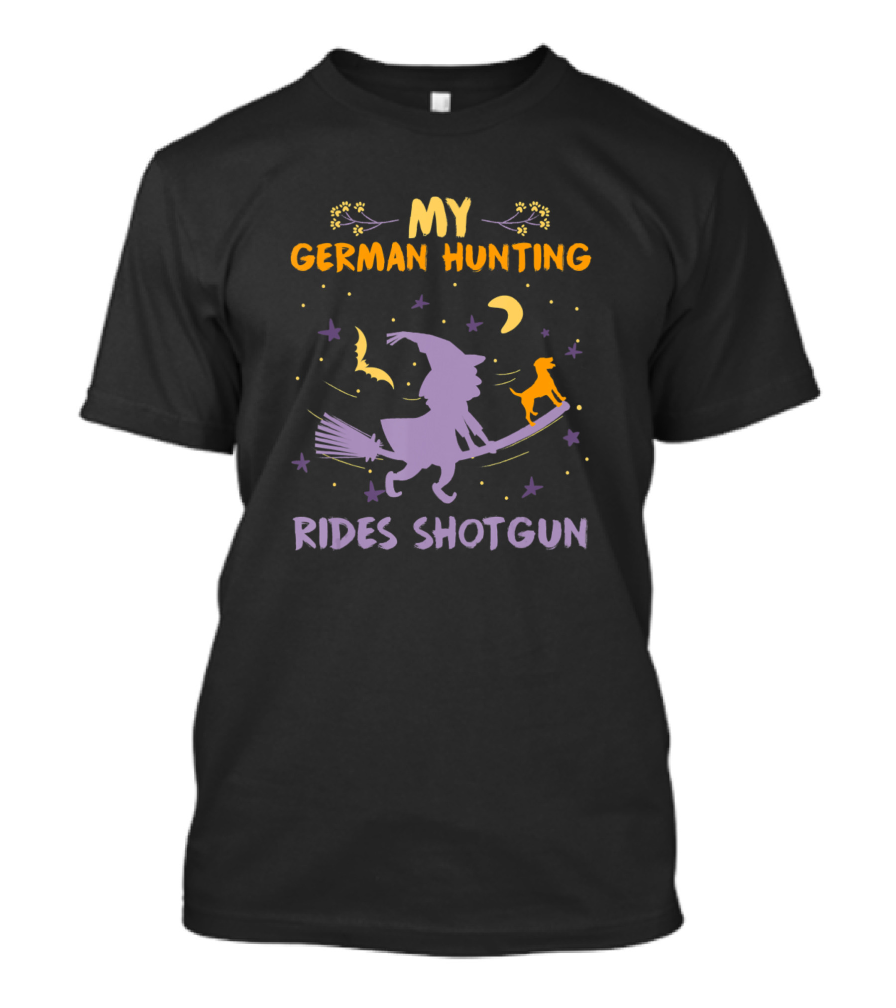 My German Hunting Dog Rides Shotgun Halloween Witch Broom Night Sky T-Shirt