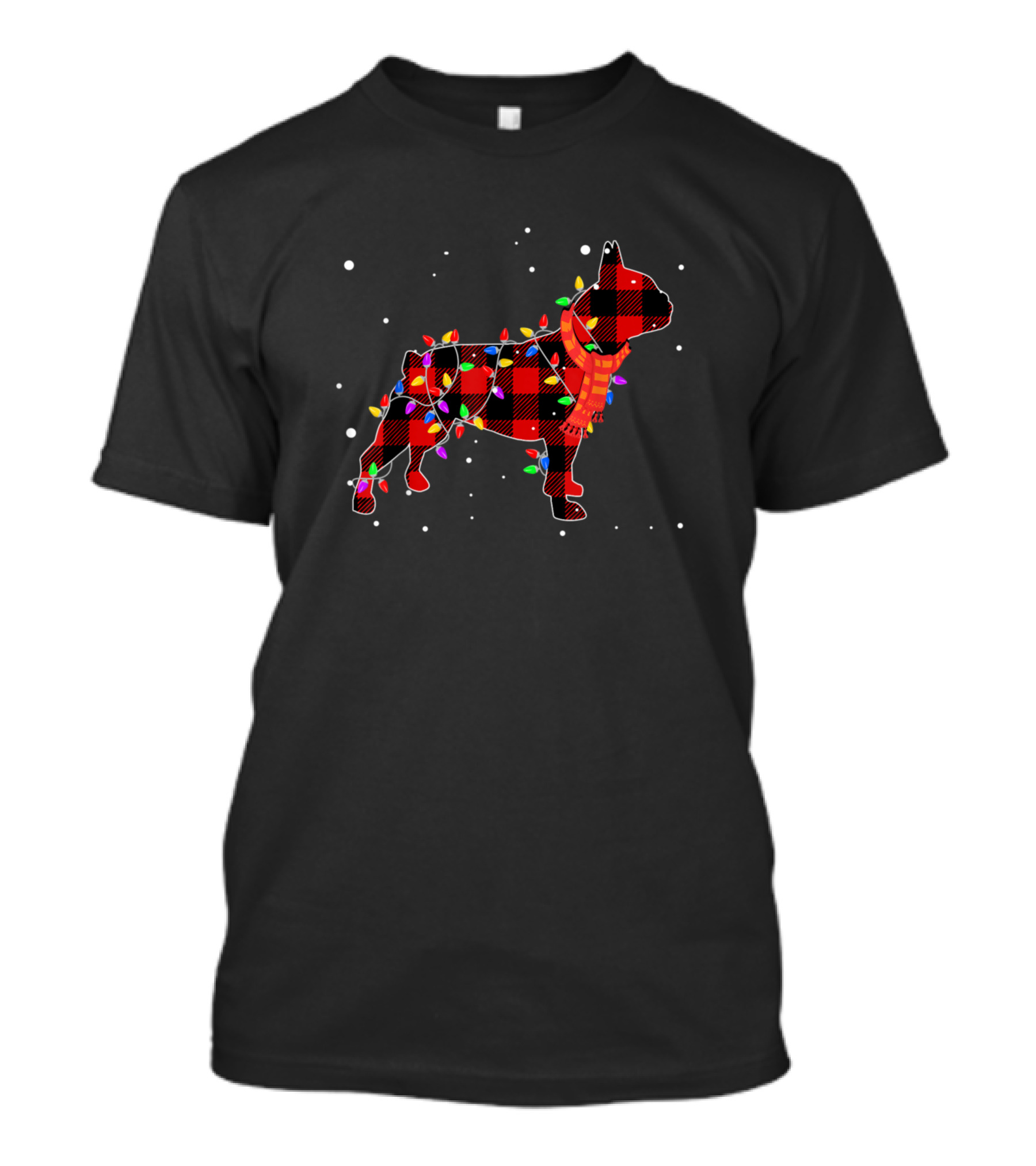 Pajamas Red Buffalo Plaid French Bulldog Christmas Lights Scarf Snowflakes T-Shirt
