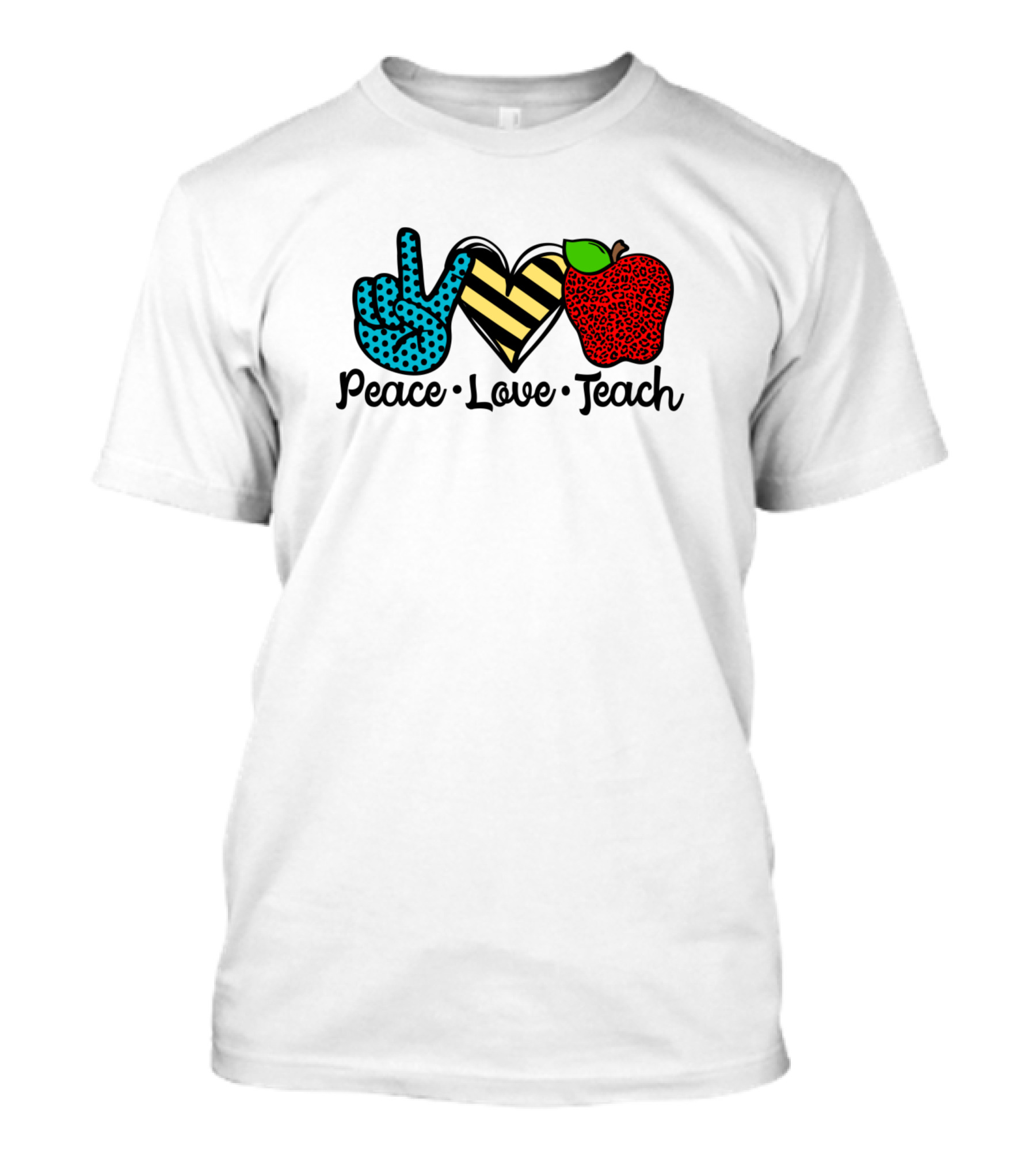 Peace Love Teach Teacher Polka Dot Peace Sign Striped Heart Leopard Apple T-Shirt