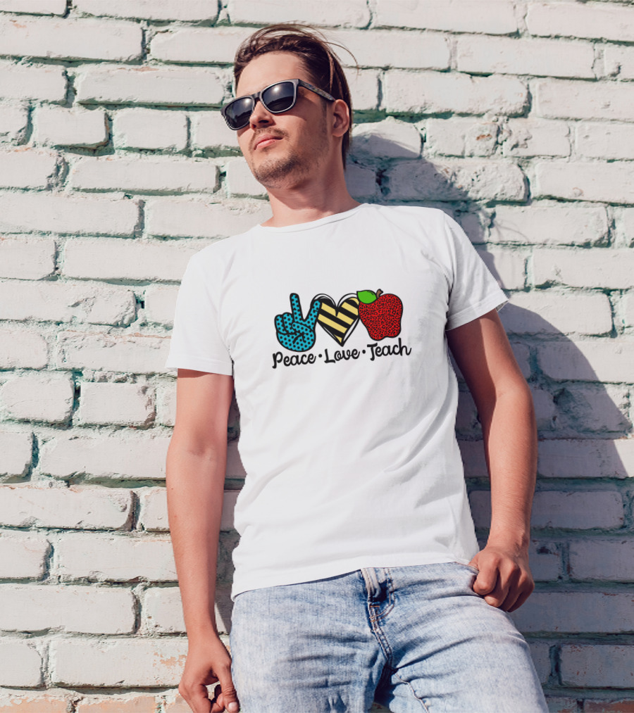 Peace Love Teach Teacher Polka Dot Peace Sign Striped Heart Leopard Apple T-Shirt