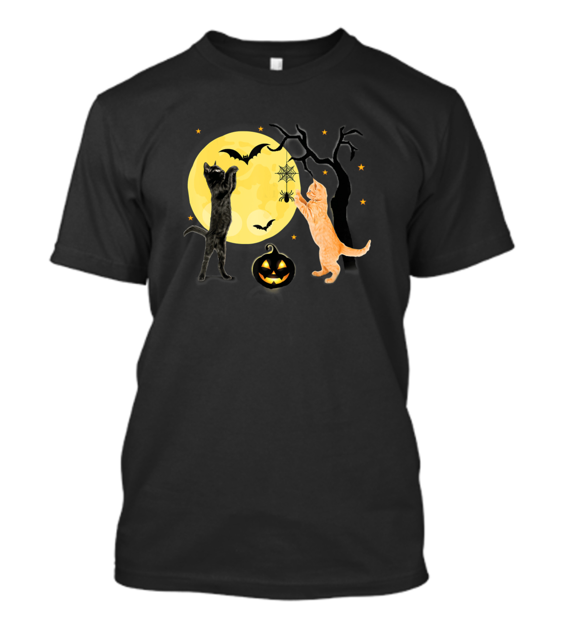 Halloween Pumpkin Cats Playing With Bats And Spiders T-Shirt