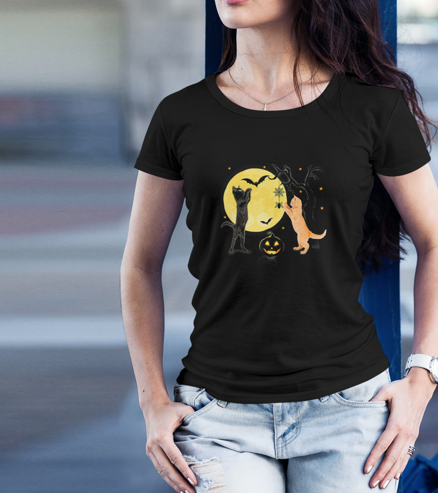 Halloween Pumpkin Cats Playing With Bats And Spiders T-Shirt