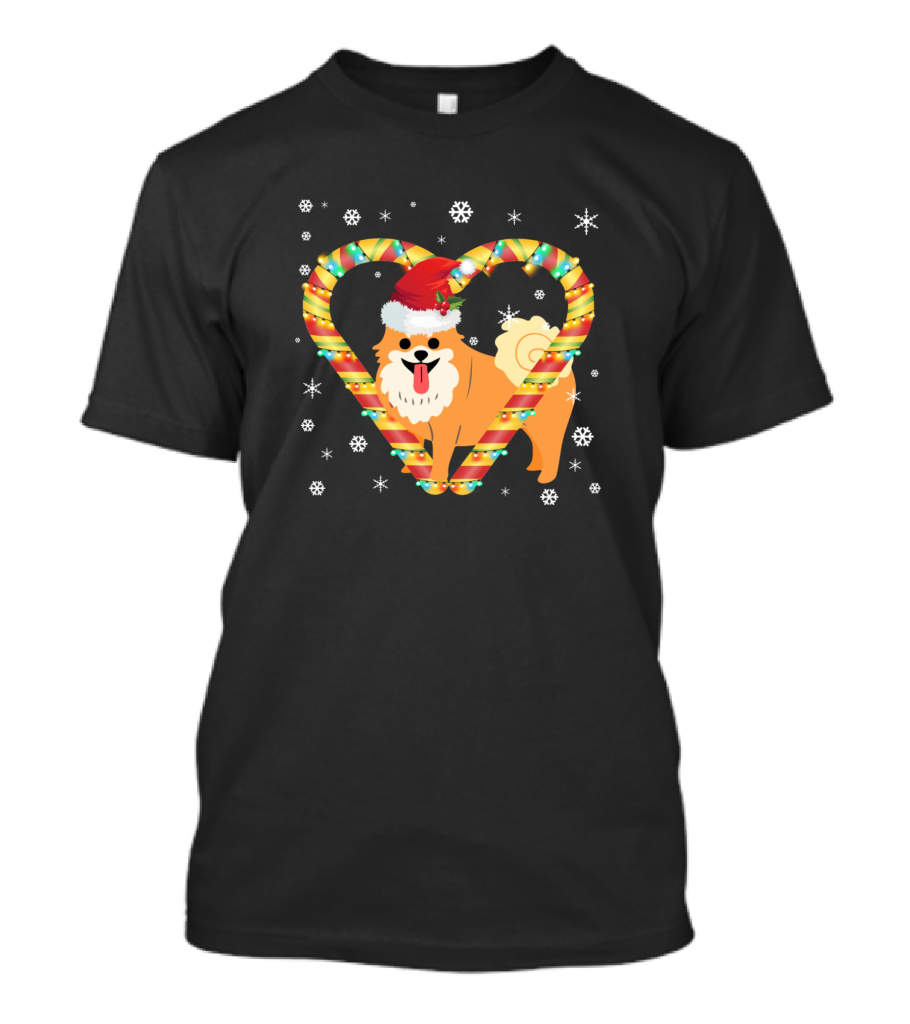 Pomeranian With Santa Hat In Candy Cane Heart And Snowflakes Christmas Light T-Shirt