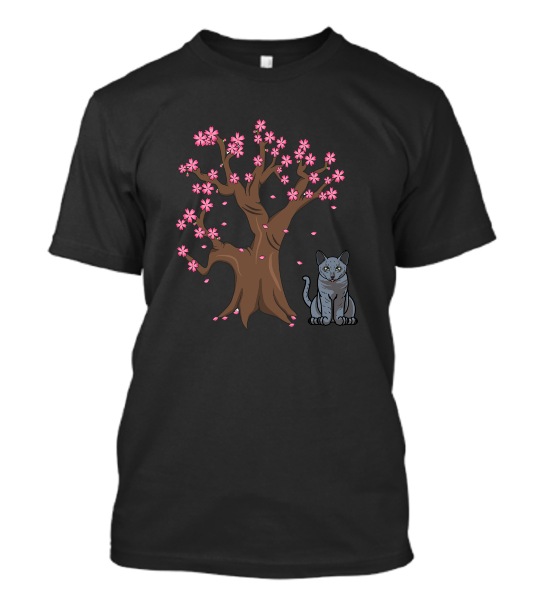 Russian Blue Cat With Sakura Flowers And Tree T-Shirt