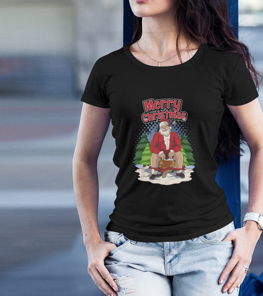 Merry Christmas Santa Claus Sitting On Toilet With Trees T-Shirt