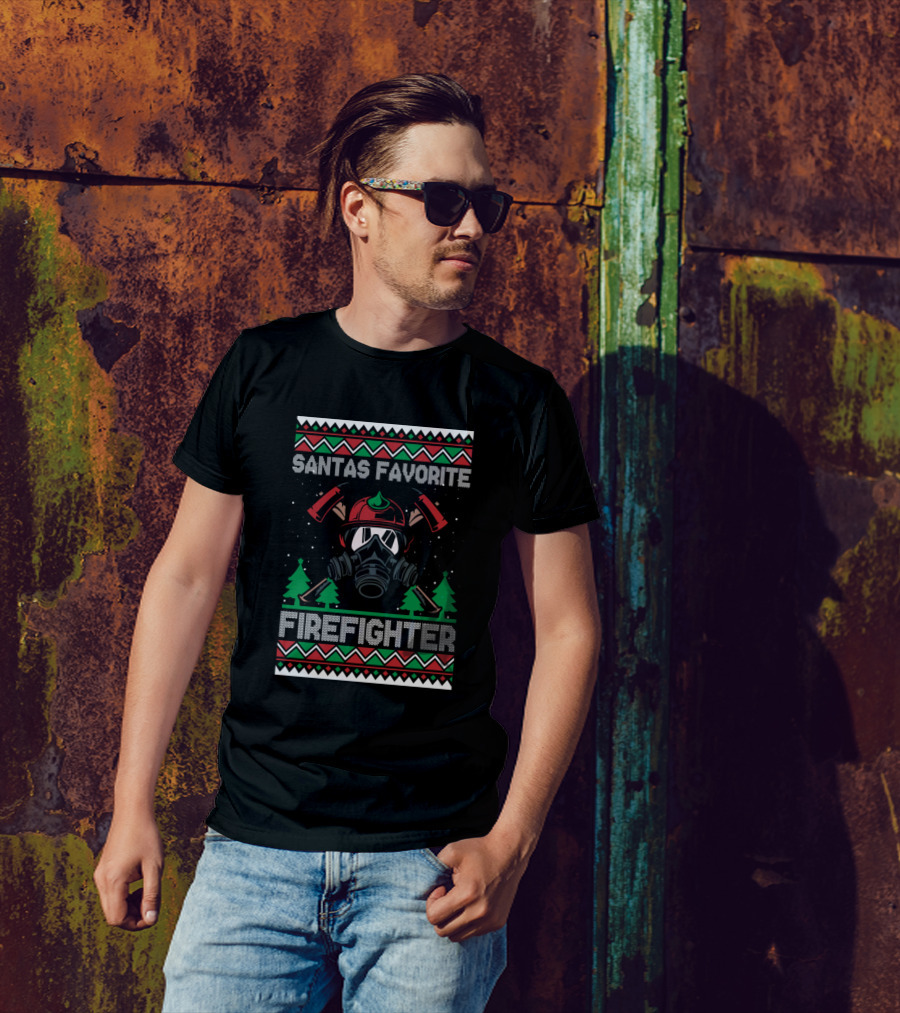 Santas Favorite Firefighter Christmas Trees And Axes Festive Firefighter Helmet And Gas Mask T-Shirt