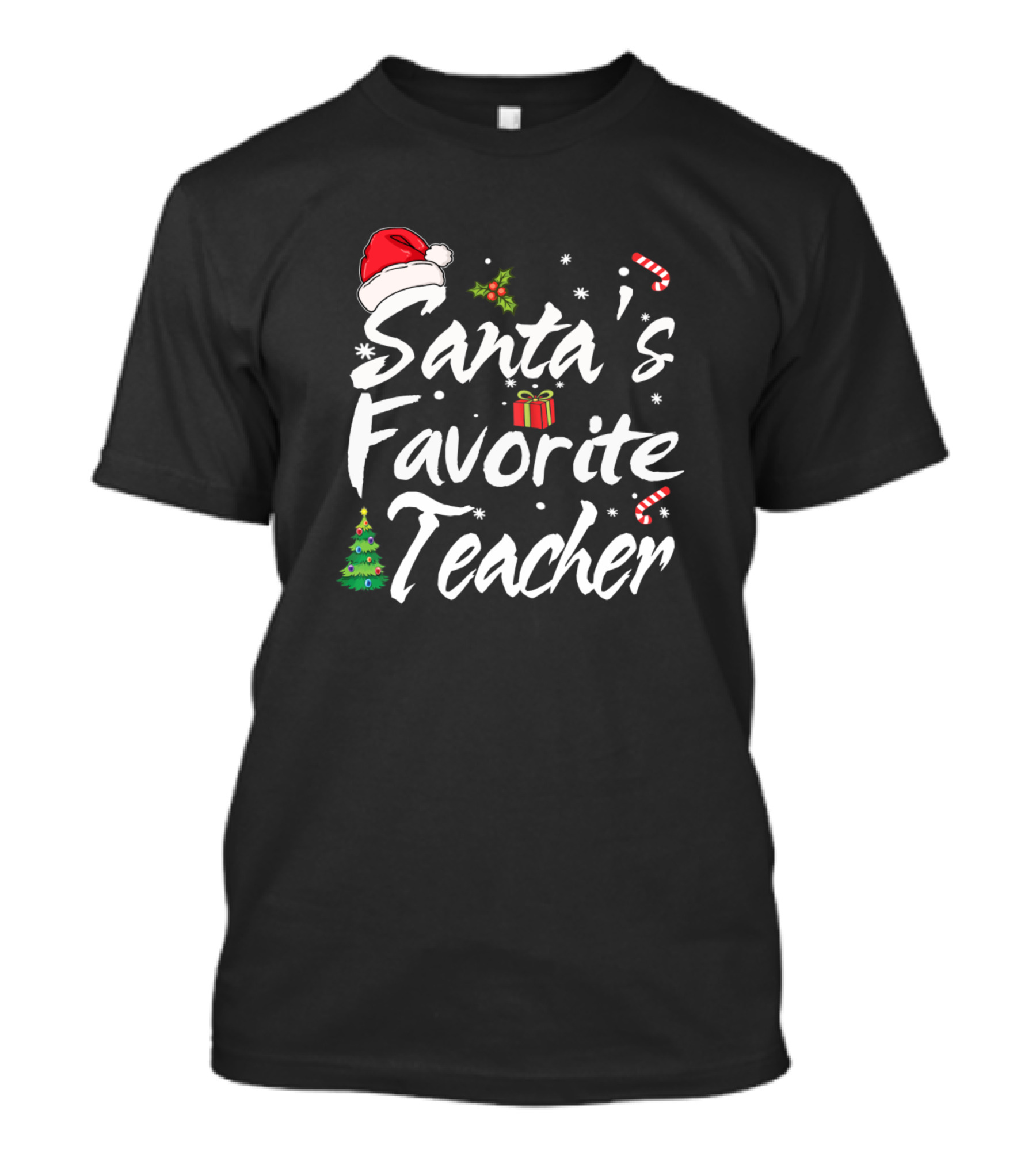 Santa's Favorite Teacher Christmas Tree Candy Cane Hat Gift T-Shirt
