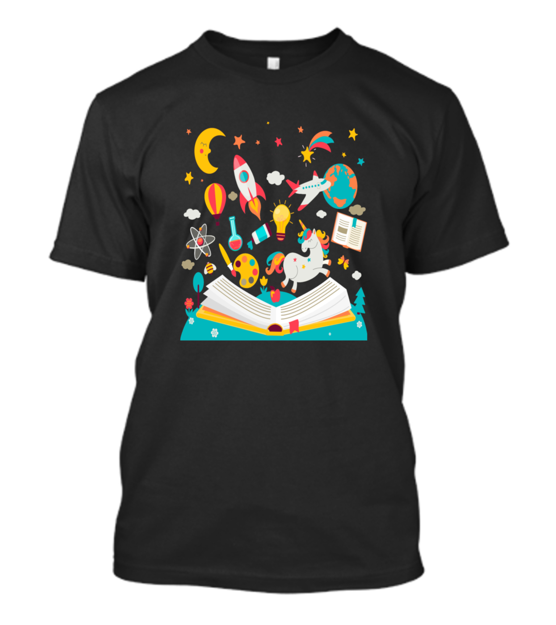 Science Book Open To Imagination With Rocket Unicorn And Planet T-Shirt