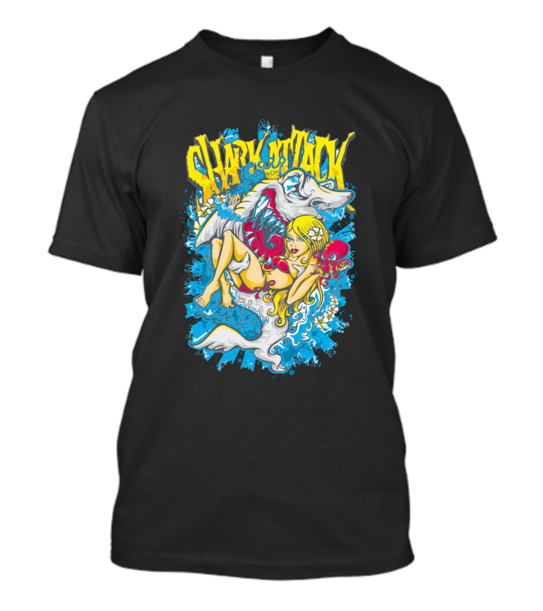 Shark Attack Blonde Surfer And Red Tropical Flowers T-Shirt
