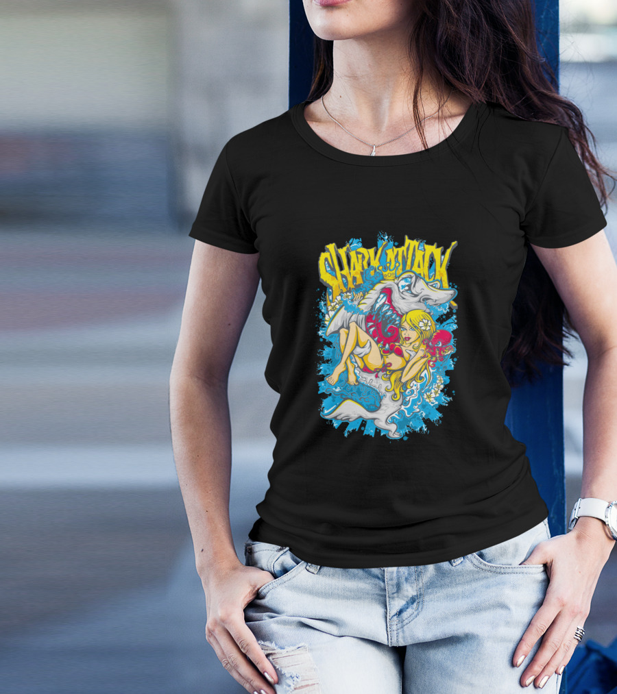 Shark Attack Blonde Surfer And Red Tropical Flowers T-Shirt