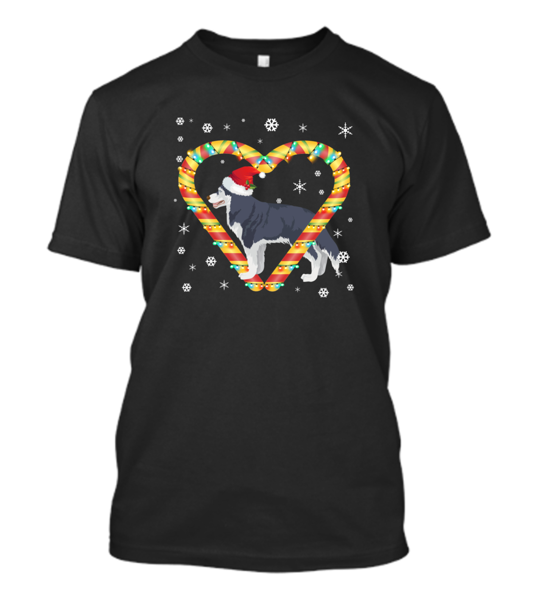 Siberian Husky Santa Hat Candy Cane Heart Christmas Snowflakes T-Shirt