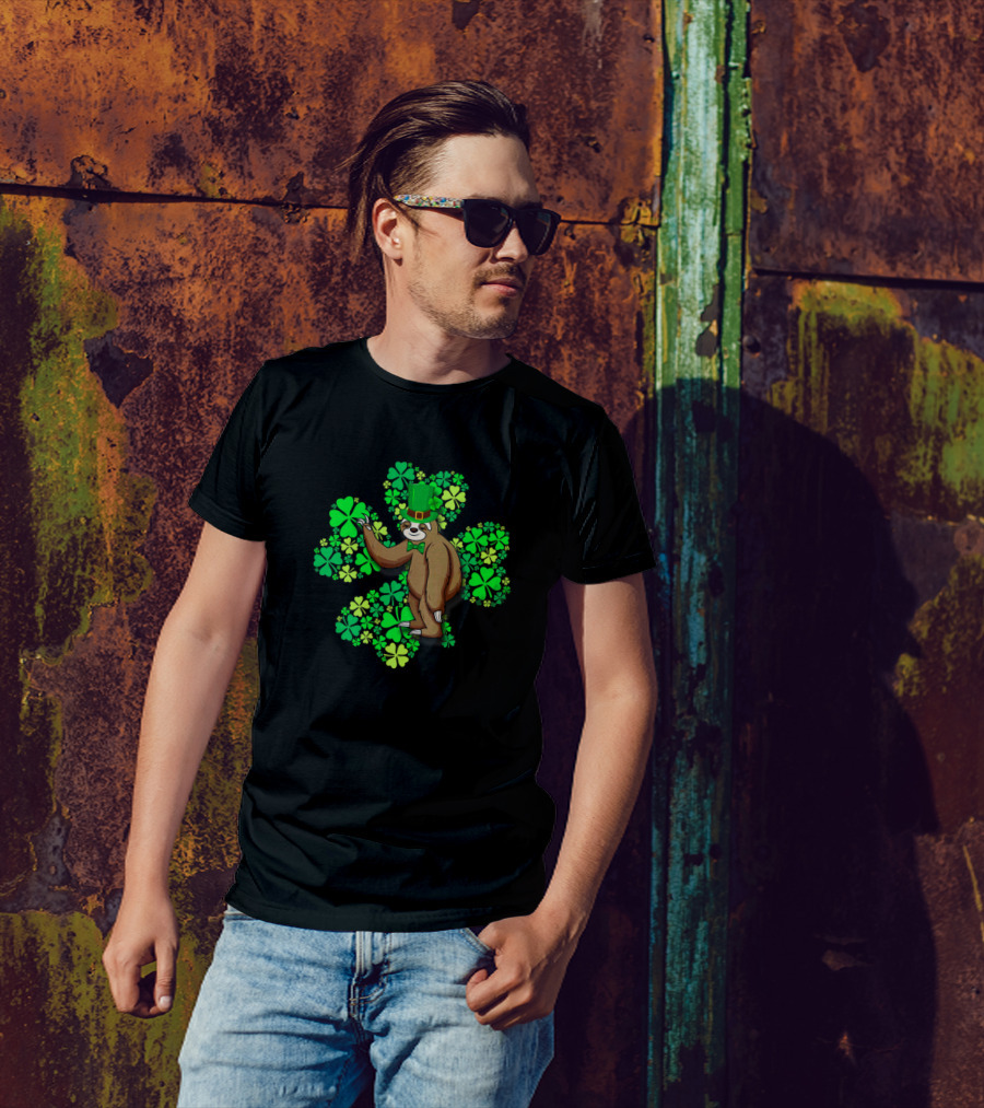 Sloth With Green Top Hat And Bowtie Holding 4 Leaf Clover T-Shirt