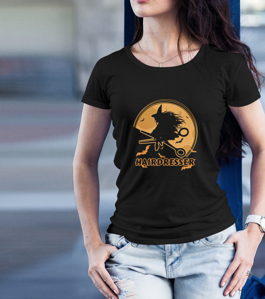 Hairdresser Witch Halloween Barber Stylist With Scissors And Bats T-Shirt