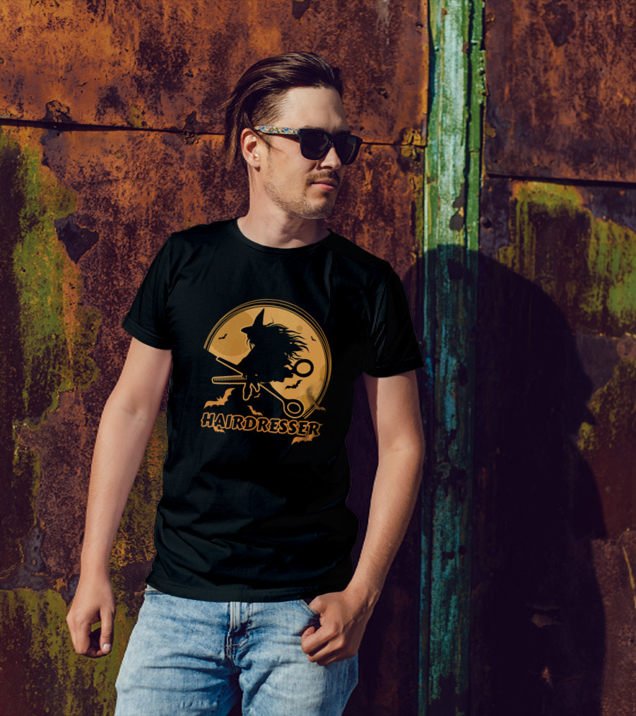 Hairdresser Witch Halloween Barber Stylist With Scissors And Bats T-Shirt