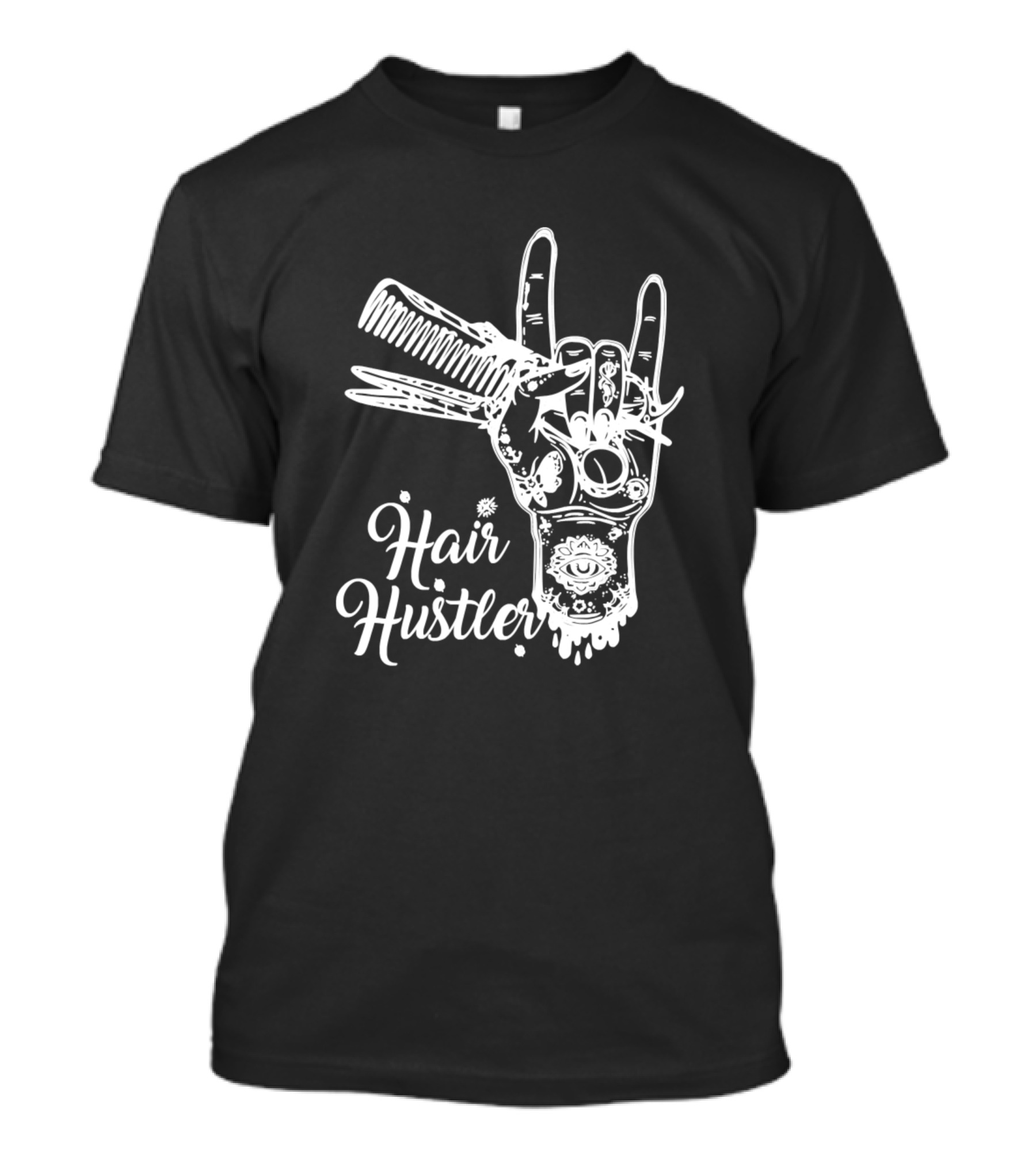 Hair Hustler Hairdresser Hairstylist With Hand Gesture And Tools T-Shirt
