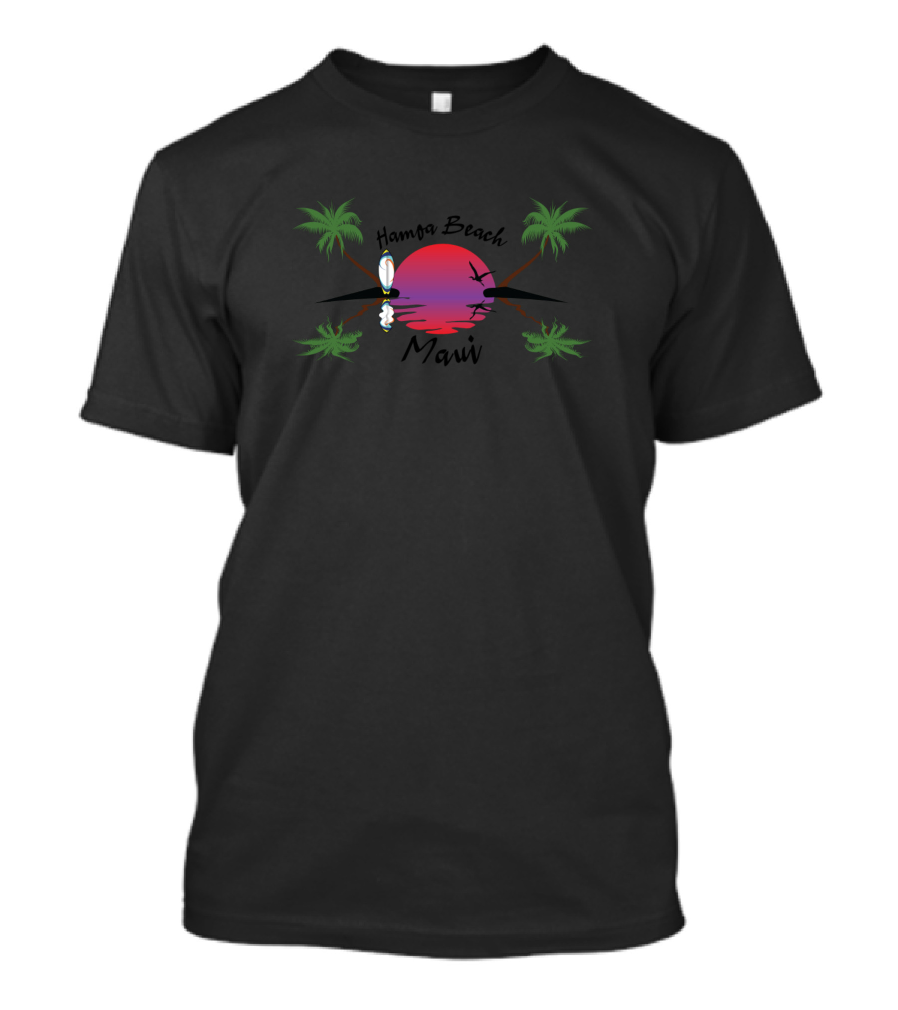 Hamoa Beach Maui Sunset Palm Trees Surfboard Ocean Scene T-Shirt
