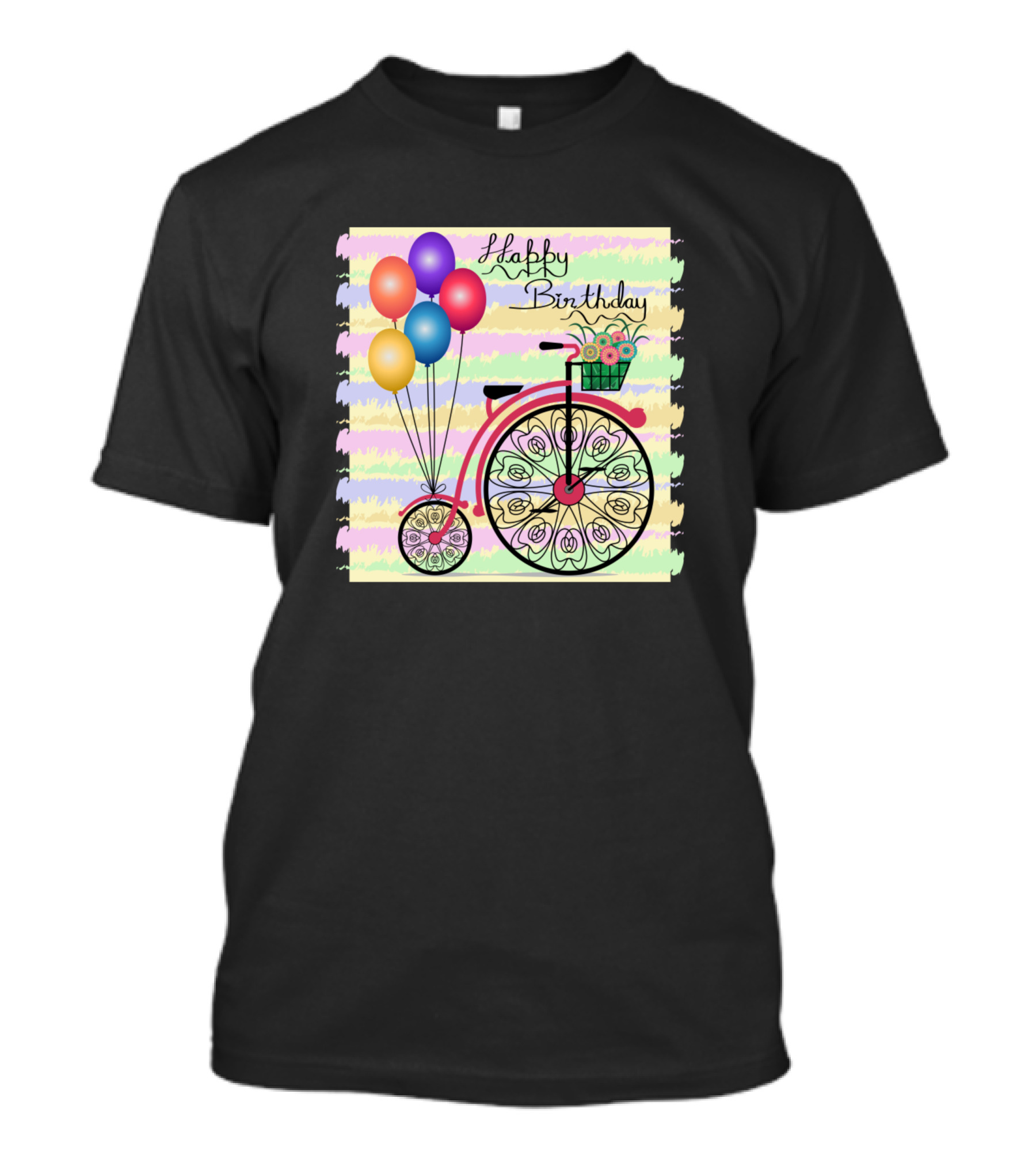 Happy Birthday Floral Bicycle With Colorful Balloons And Flowers T-Shirt