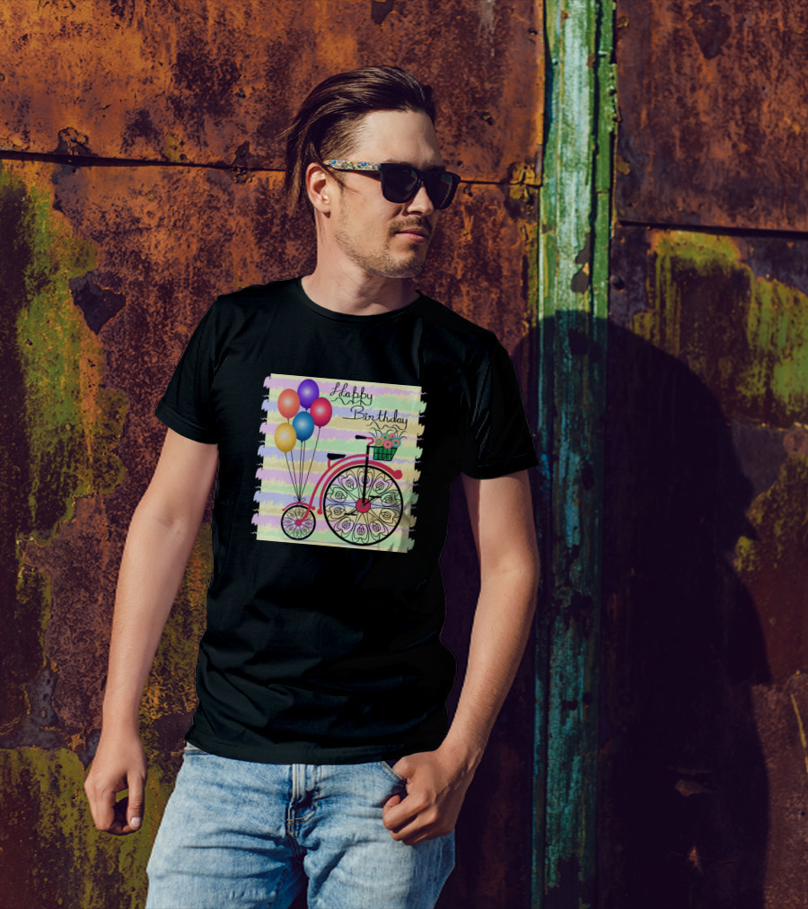 Happy Birthday Floral Bicycle With Colorful Balloons And Flowers T-Shirt