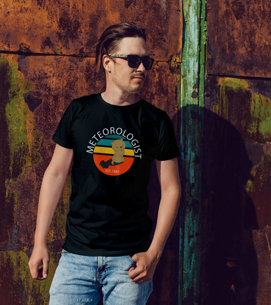 Meteorologist Est 1887 Happy Groundhog Day Bear With Shadow Vintage Stripes T-Shirt