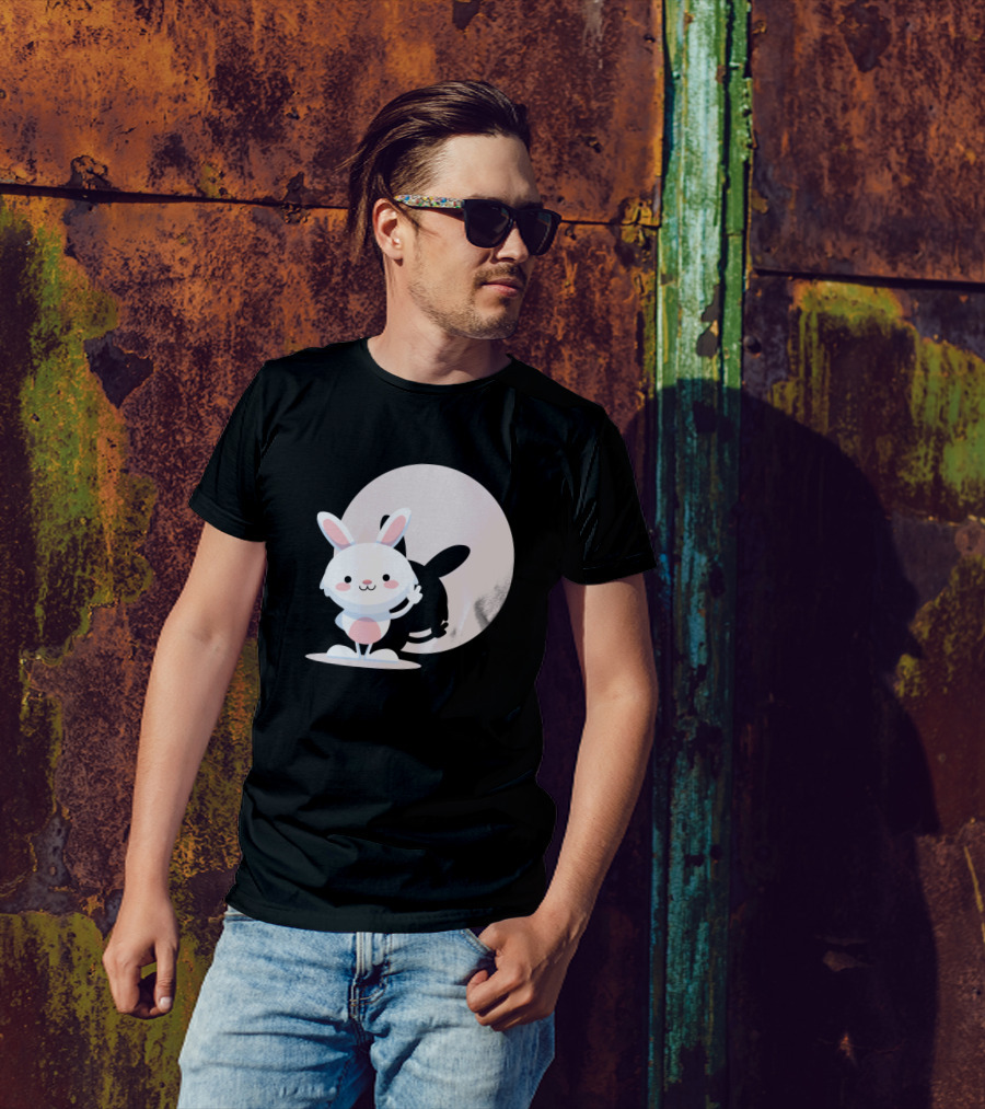 Happy Little Bunny Moon Shadow Playful Rabbit T-Shirt