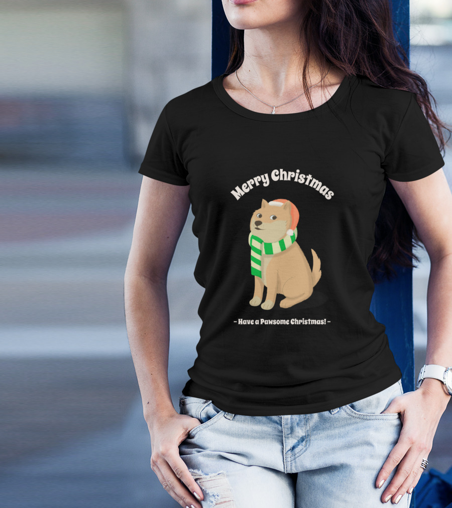Merry Christmas Have A Pawsome Christmas Dog Wearing Santa Hat And Scarf T-Shirt