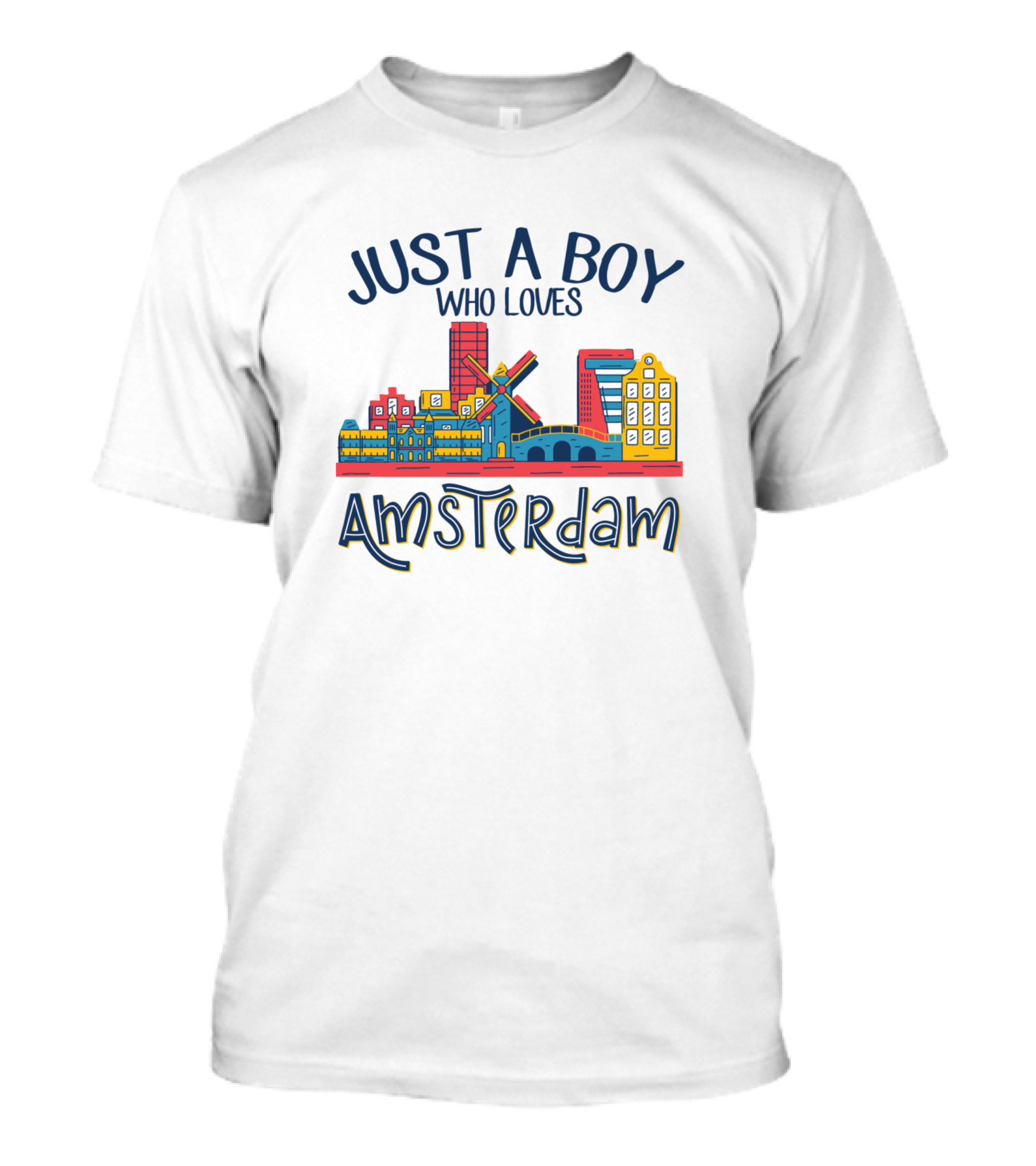 Just A Boy Who Loves Amsterdam Cityscape Windmill Canal Architecture T-Shirt
