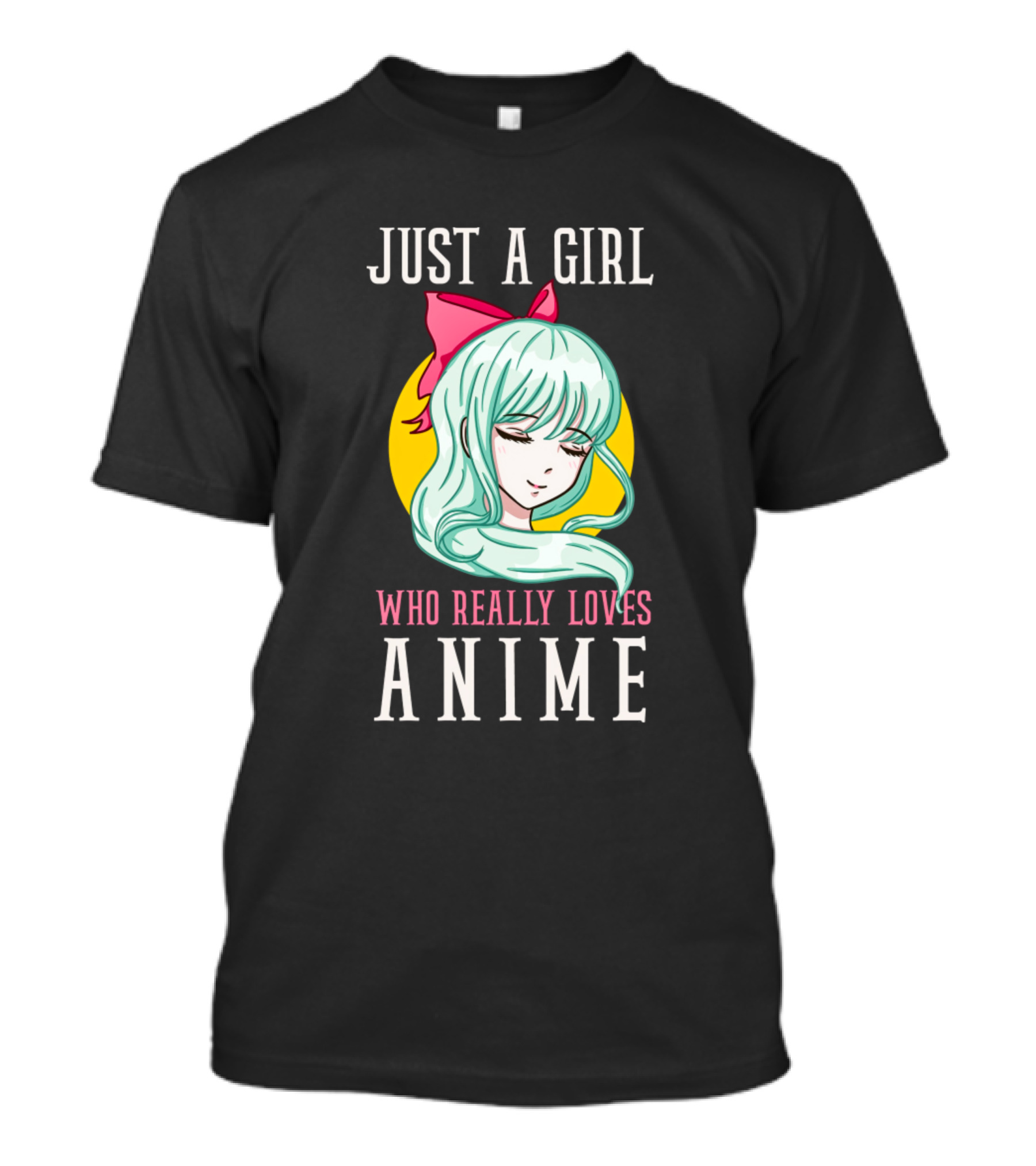 Just A Girl Who Really Loves Anime Green-Haired Character In Yellow Circle With Pink Bow T-Shirt