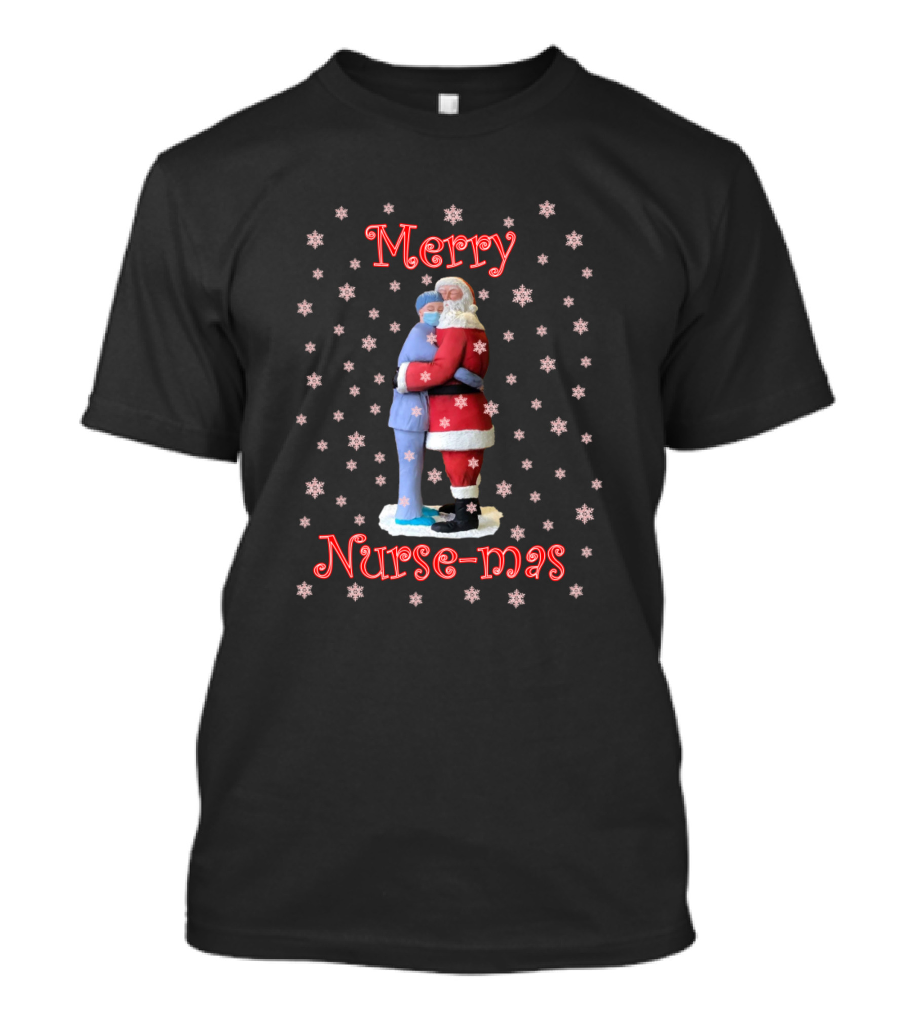 Merry Nurse Mas Santa Claus Hug With Snowflakes T-Shirt