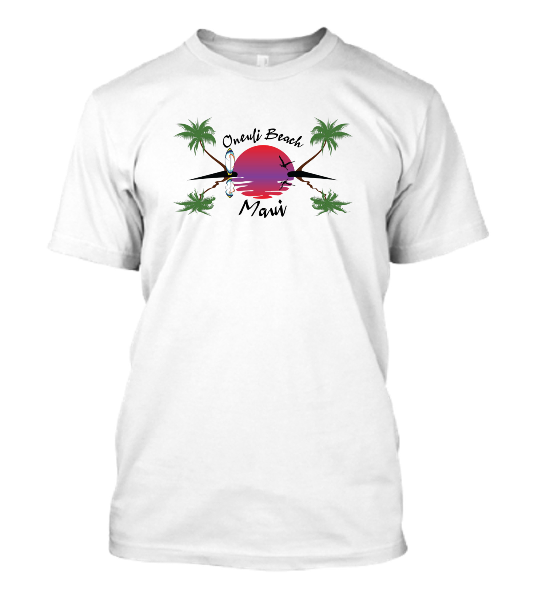 Oneuli Beach Maui Sunset Palm Trees Surfboard T-Shirt