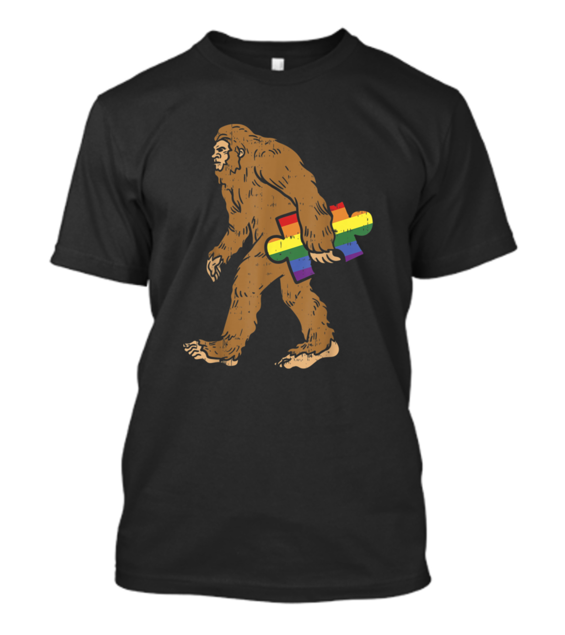 Bigfoot Funny Sasquatch Holding Rainbow Puzzle Piece T-Shirt