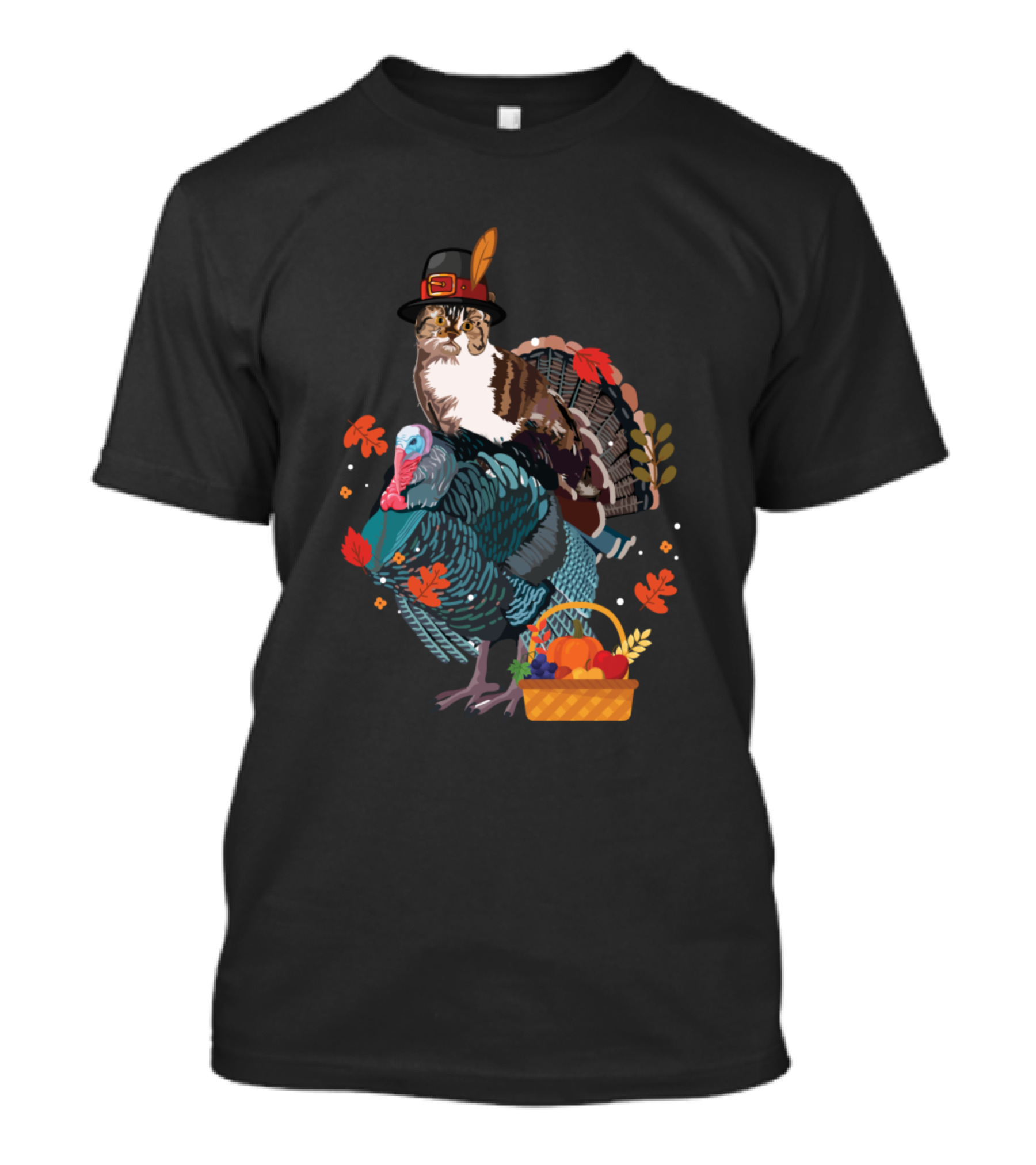 Cat In Pilgrim Hat Riding Turkey With Harvest Basket And Autumn Leaves T-Shirt